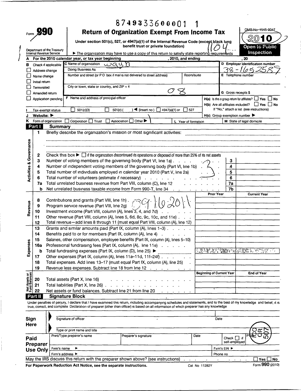 Image of first page of 2010 Form 990OR for Wayne Westland Lodge No 835 Loyal Order of Moose Incorporated