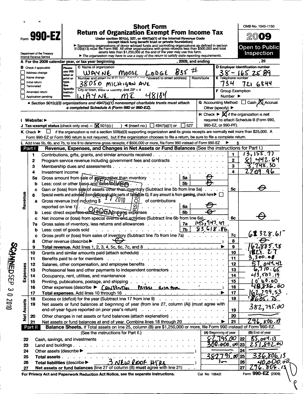 Image of first page of 2009 Form 990EO for Wayne Westland Lodge No 835 Loyal Order of Moose Incorporated