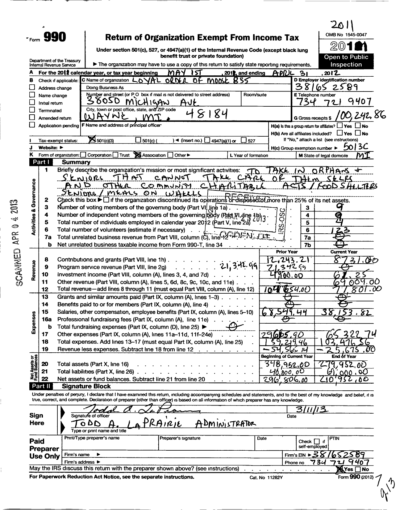 Image of first page of 2011 Form 990 for Wayne Westland Lodge No 835 Loyal Order of Moose Incorporated