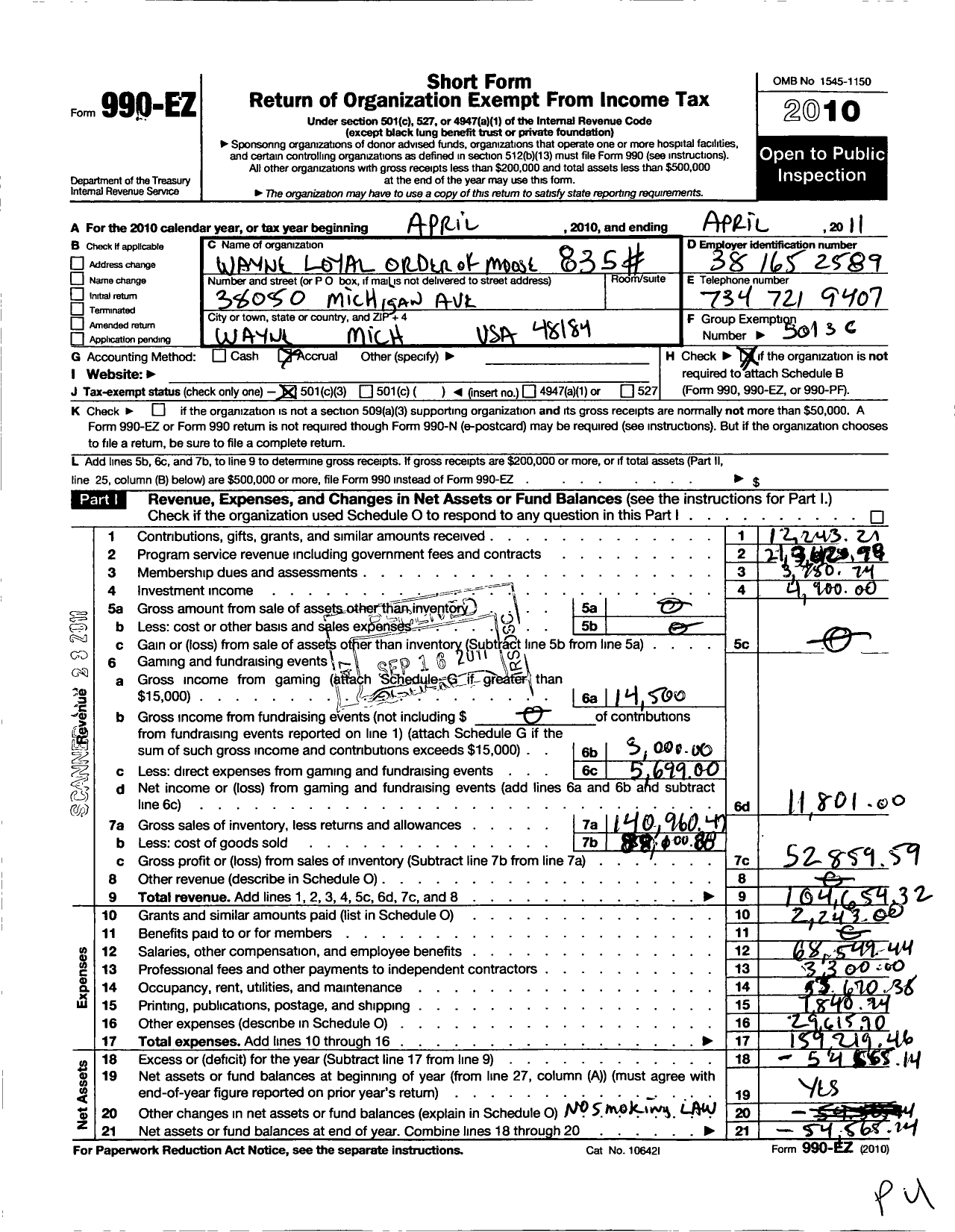 Image of first page of 2010 Form 990EZ for Wayne Westland Lodge No 835 Loyal Order of Moose Incorporated