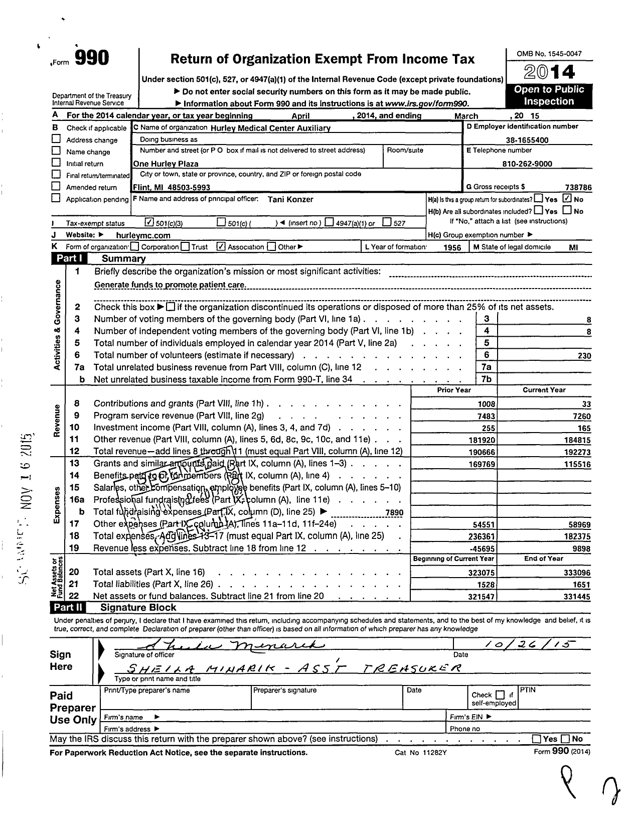 Image of first page of 2014 Form 990 for Hurley Medical Center Auxiliary