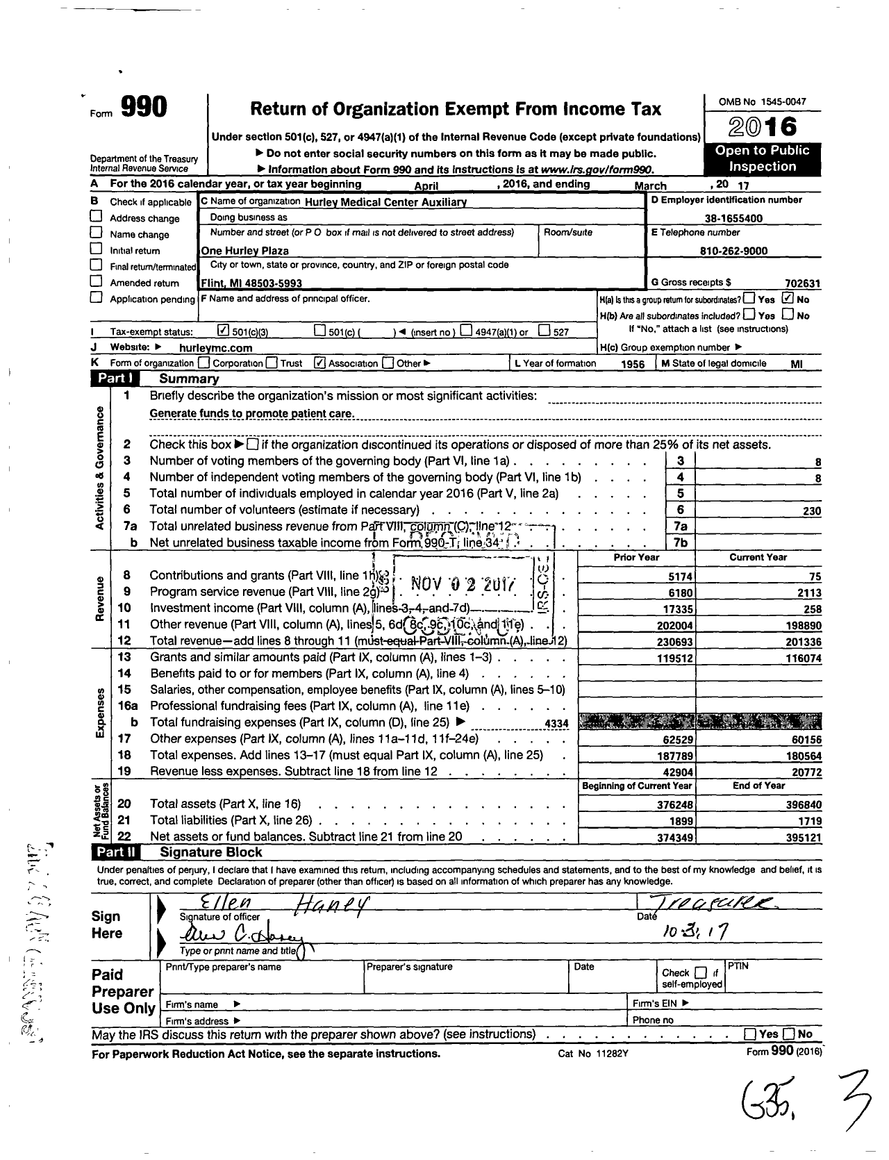 Image of first page of 2016 Form 990 for Hurley Medical Center Auxiliary