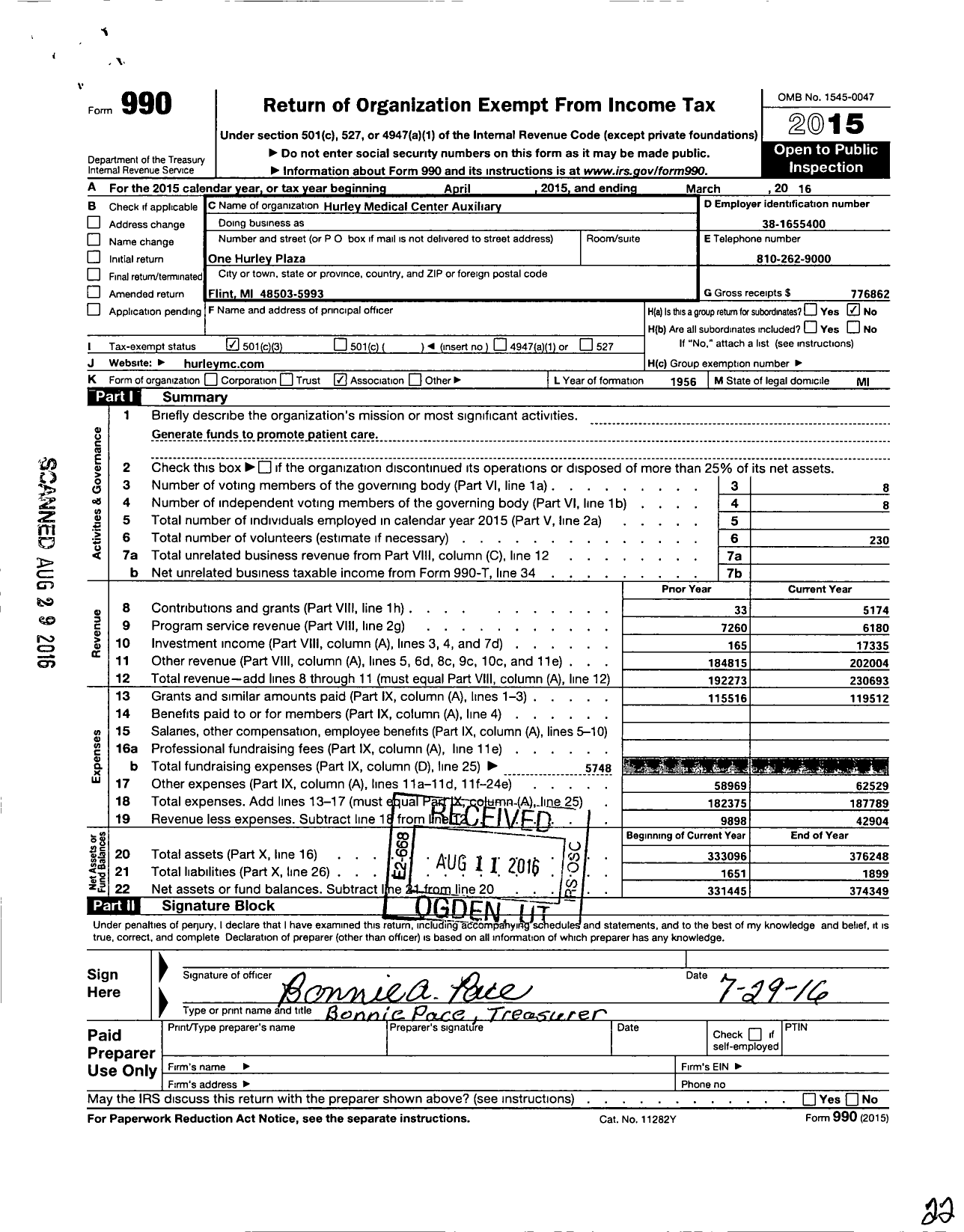 Image of first page of 2015 Form 990 for Hurley Medical Center Auxiliary