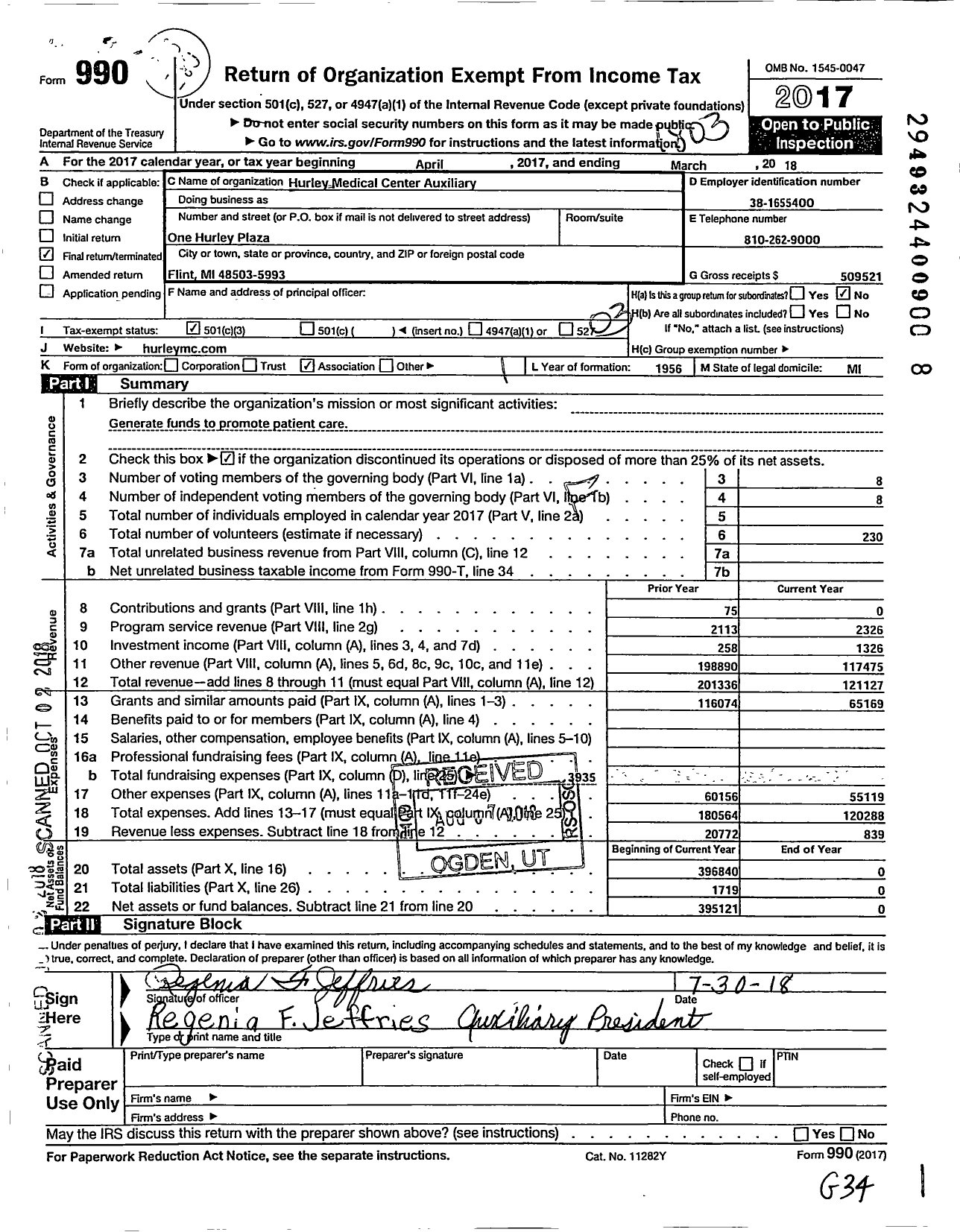 Image of first page of 2017 Form 990 for Hurley Medical Center Auxiliary