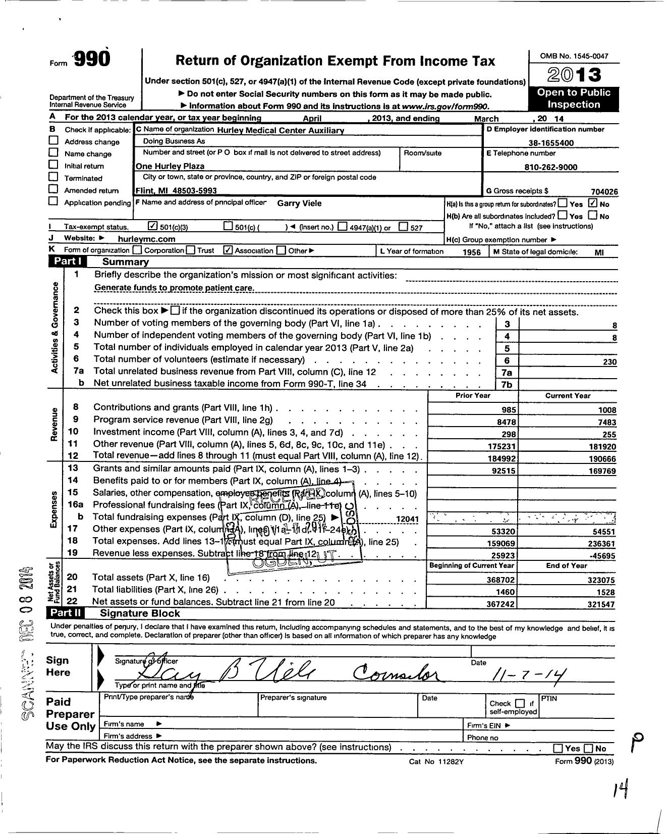 Image of first page of 2013 Form 990 for Hurley Medical Center Auxiliary