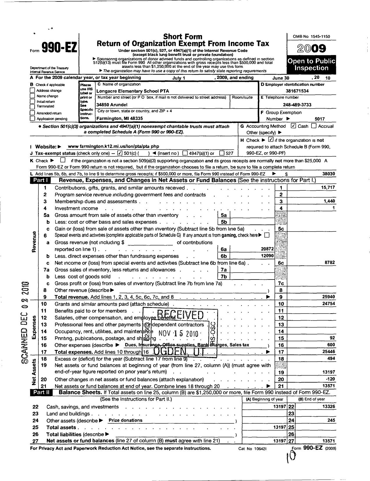 Image of first page of 2009 Form 990EO for Longacre PTA