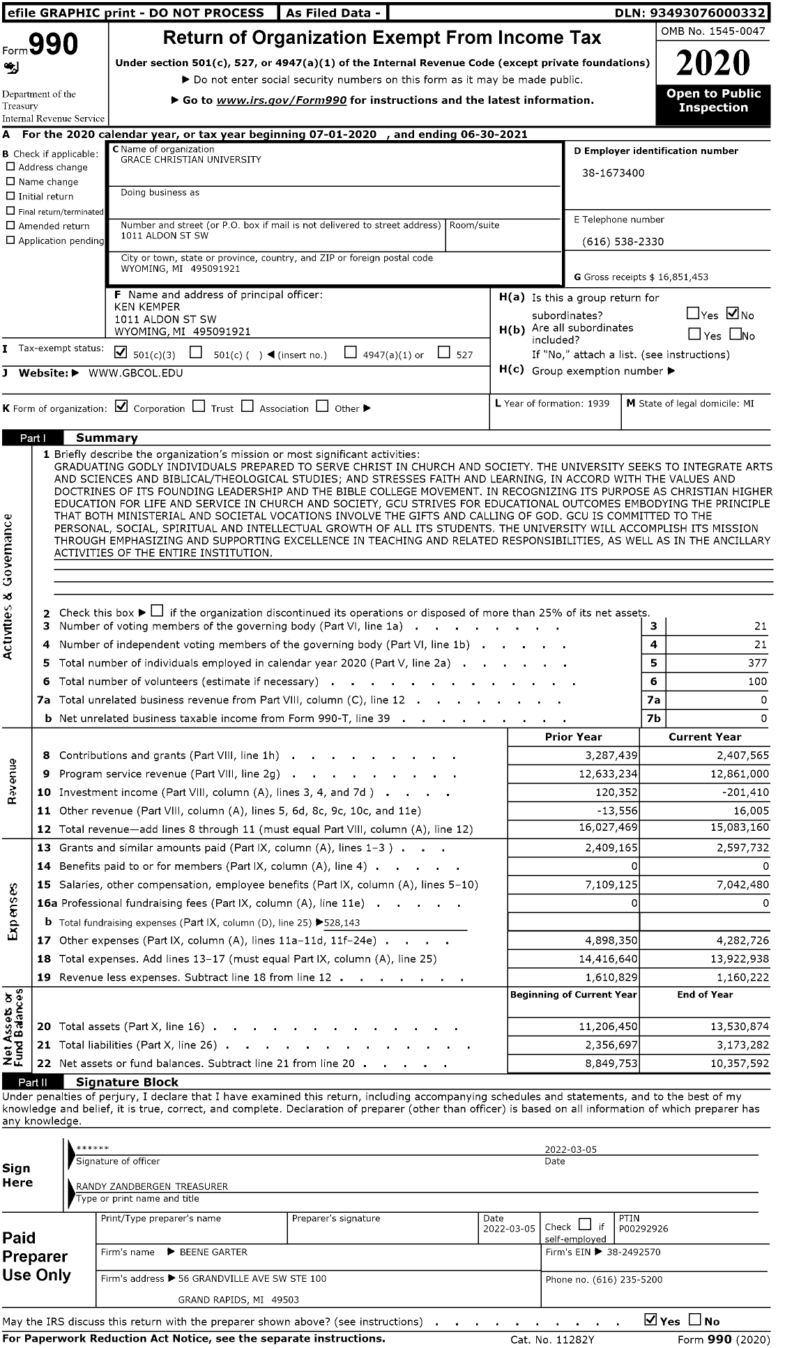 Image of first page of 2020 Form 990 for Grace Christian University