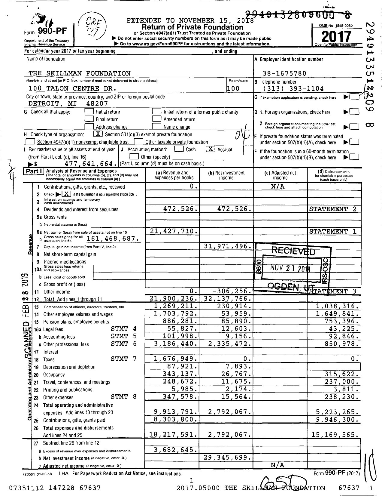 Image of first page of 2017 Form 990PF for The Skillman Foundation