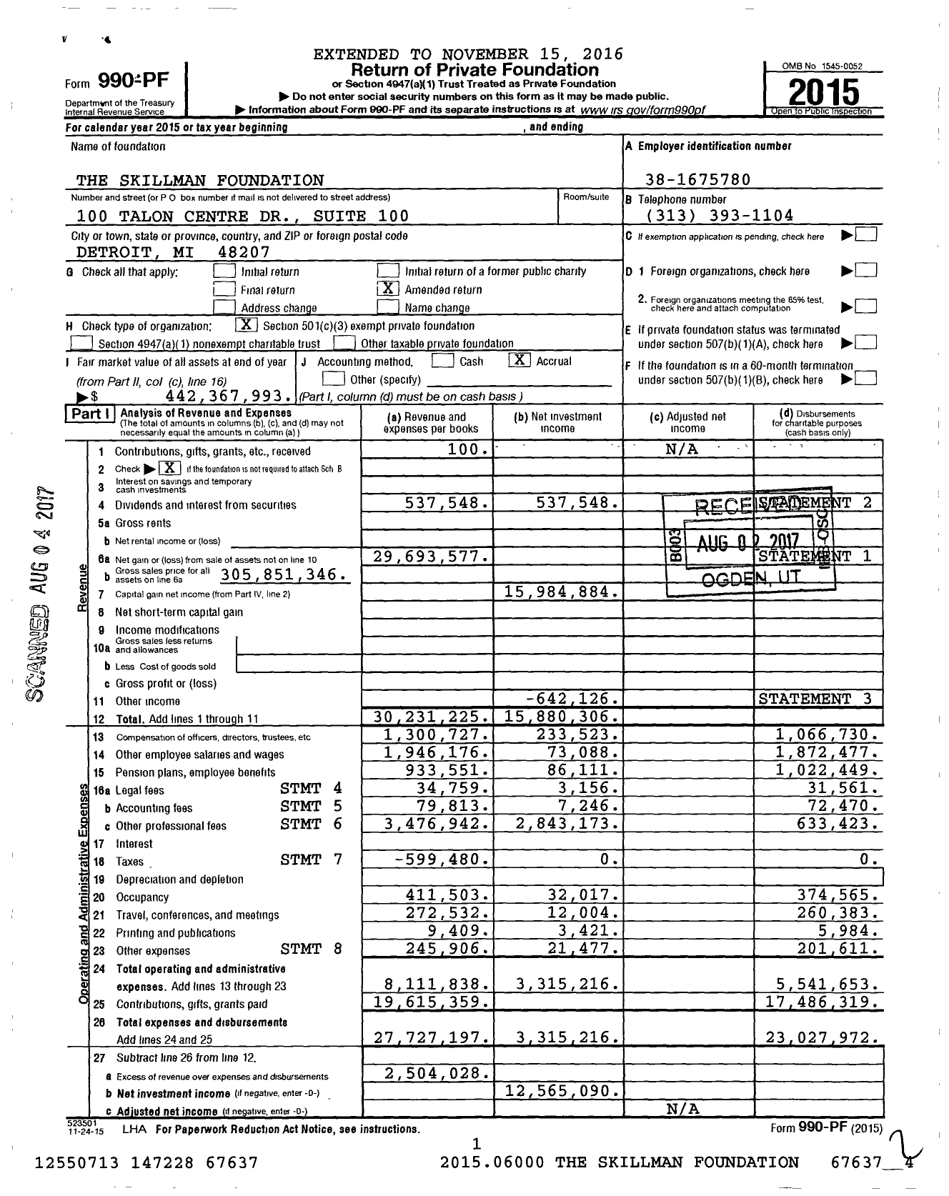 Image of first page of 2015 Form 990PF for The Skillman Foundation