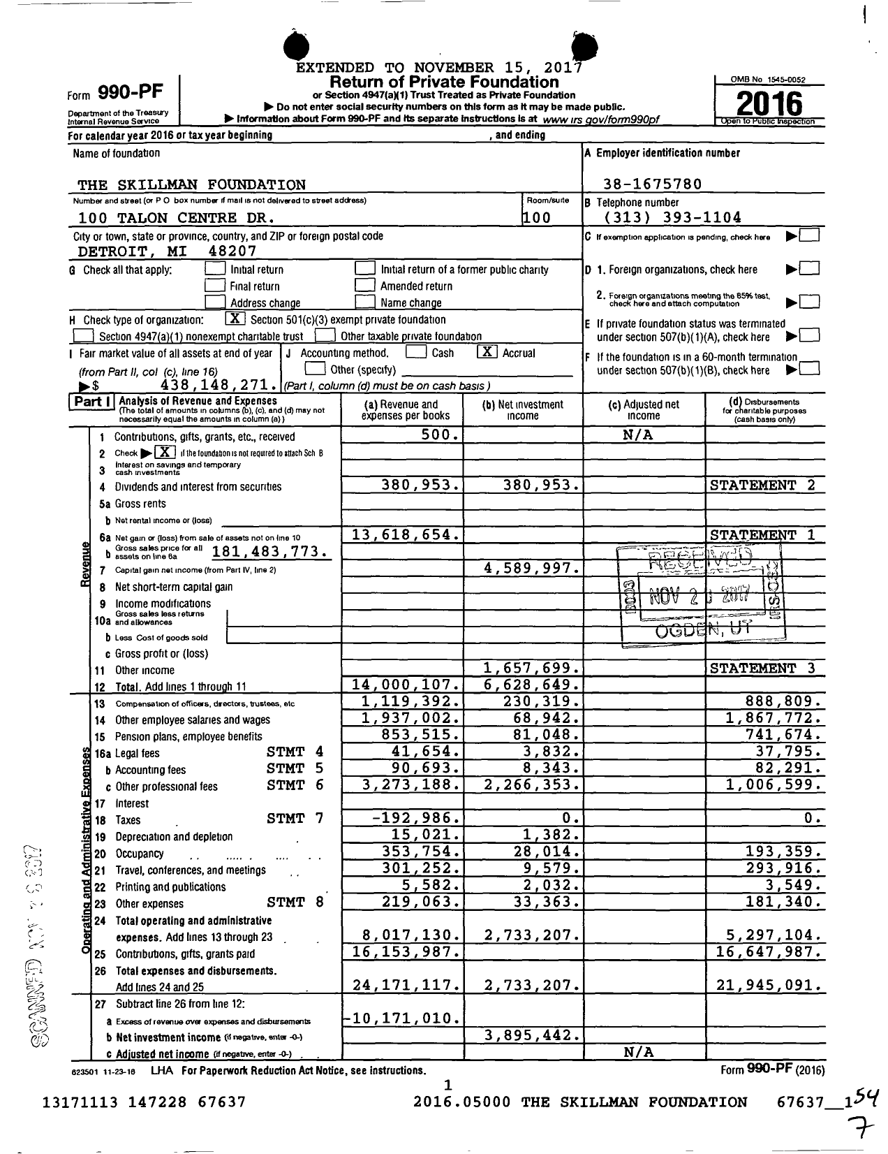 Image of first page of 2016 Form 990PF for The Skillman Foundation