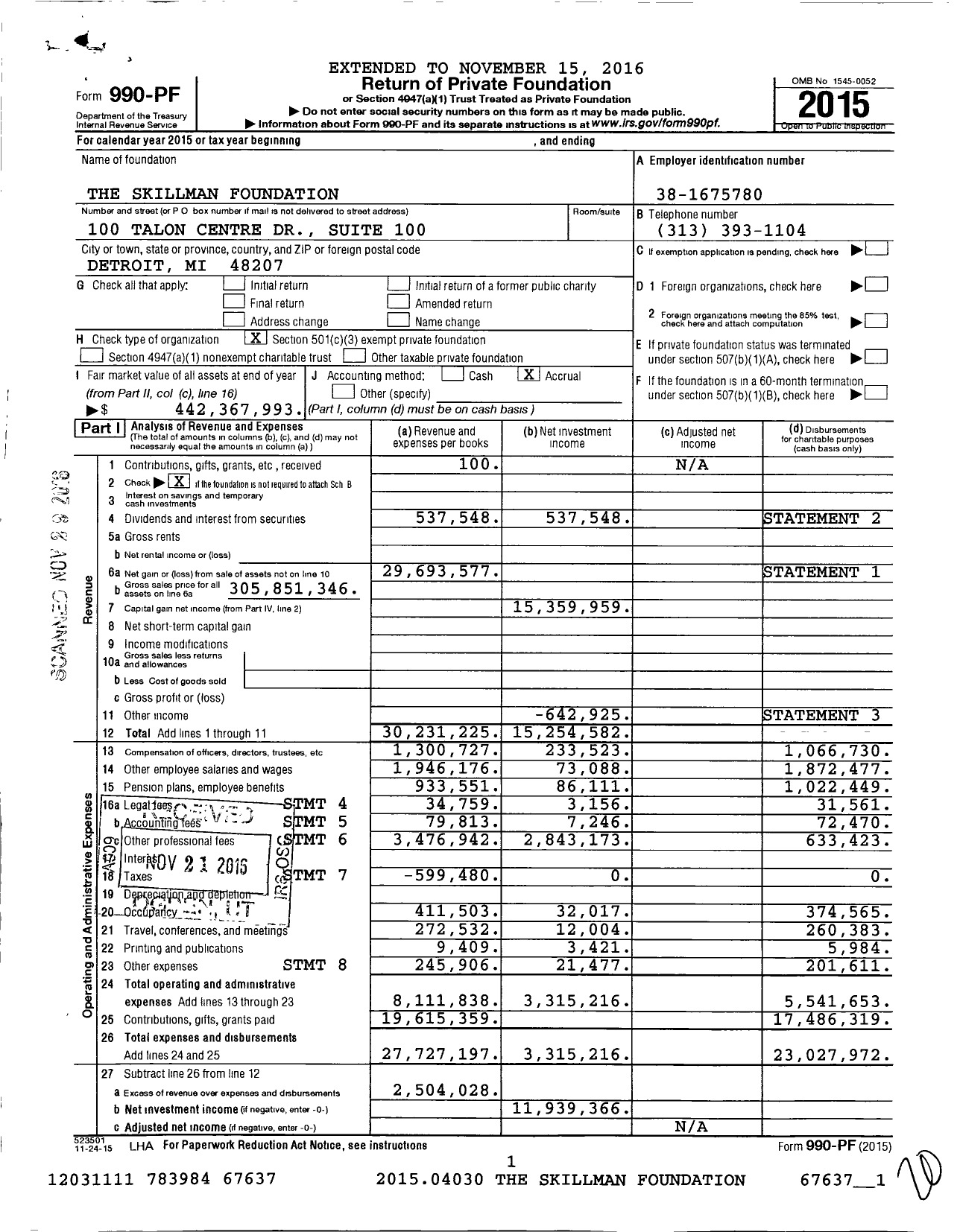Image of first page of 2015 Form 990PF for The Skillman Foundation