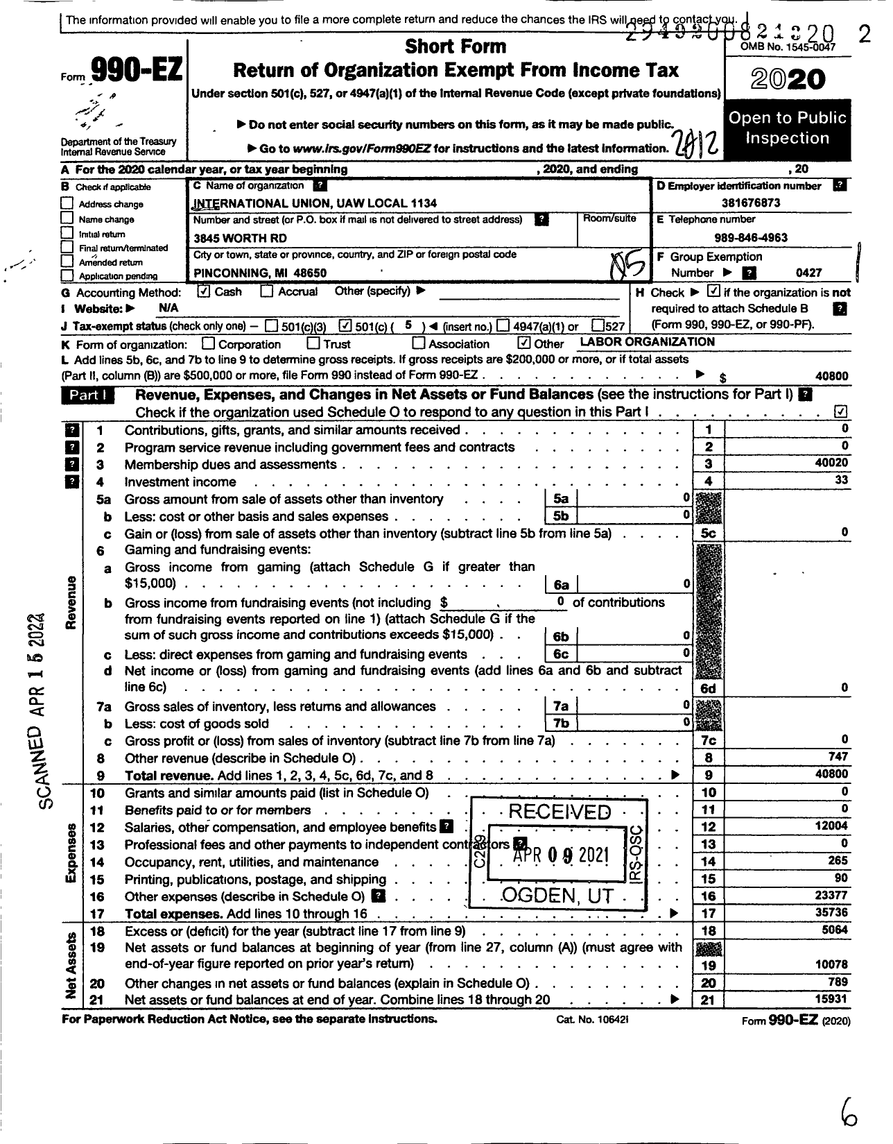 Image of first page of 2020 Form 990EO for Uaw - International Union Uaw Local 1134