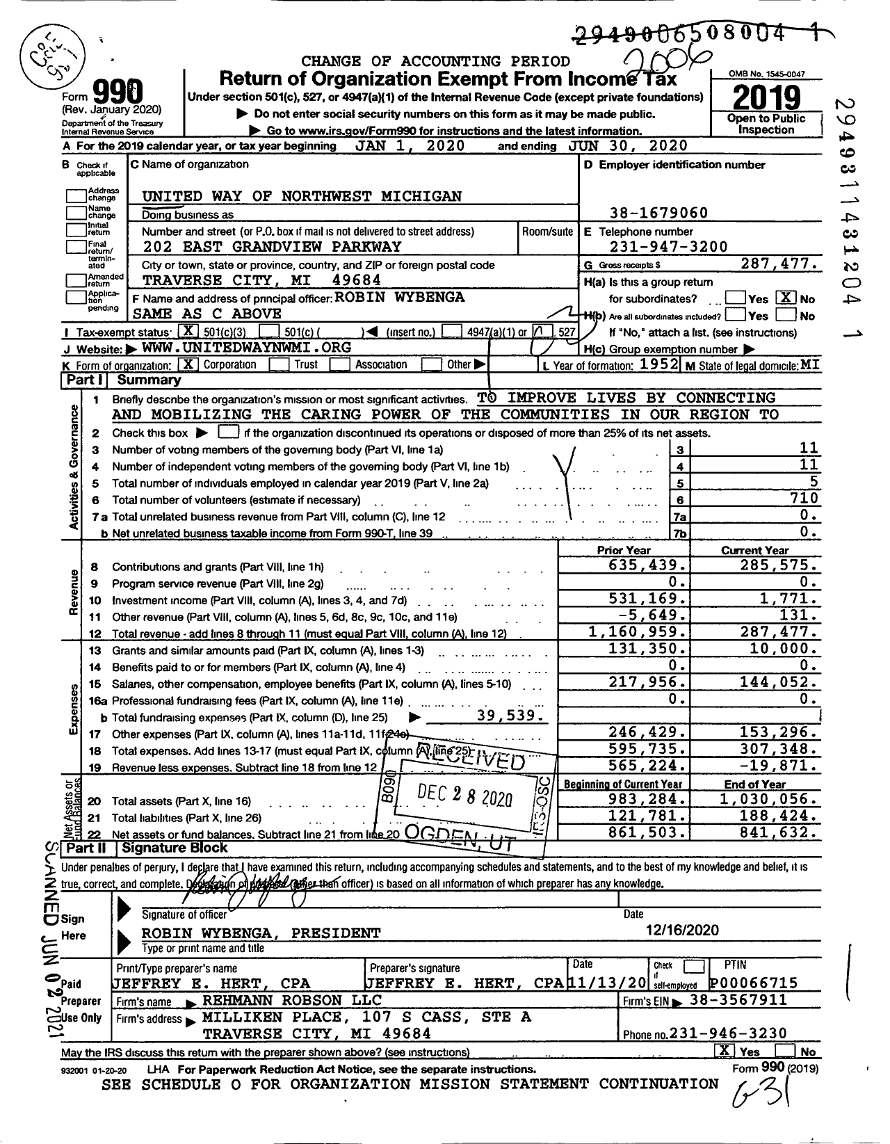 Image of first page of 2019 Form 990 for United Way of Northwest Michigan