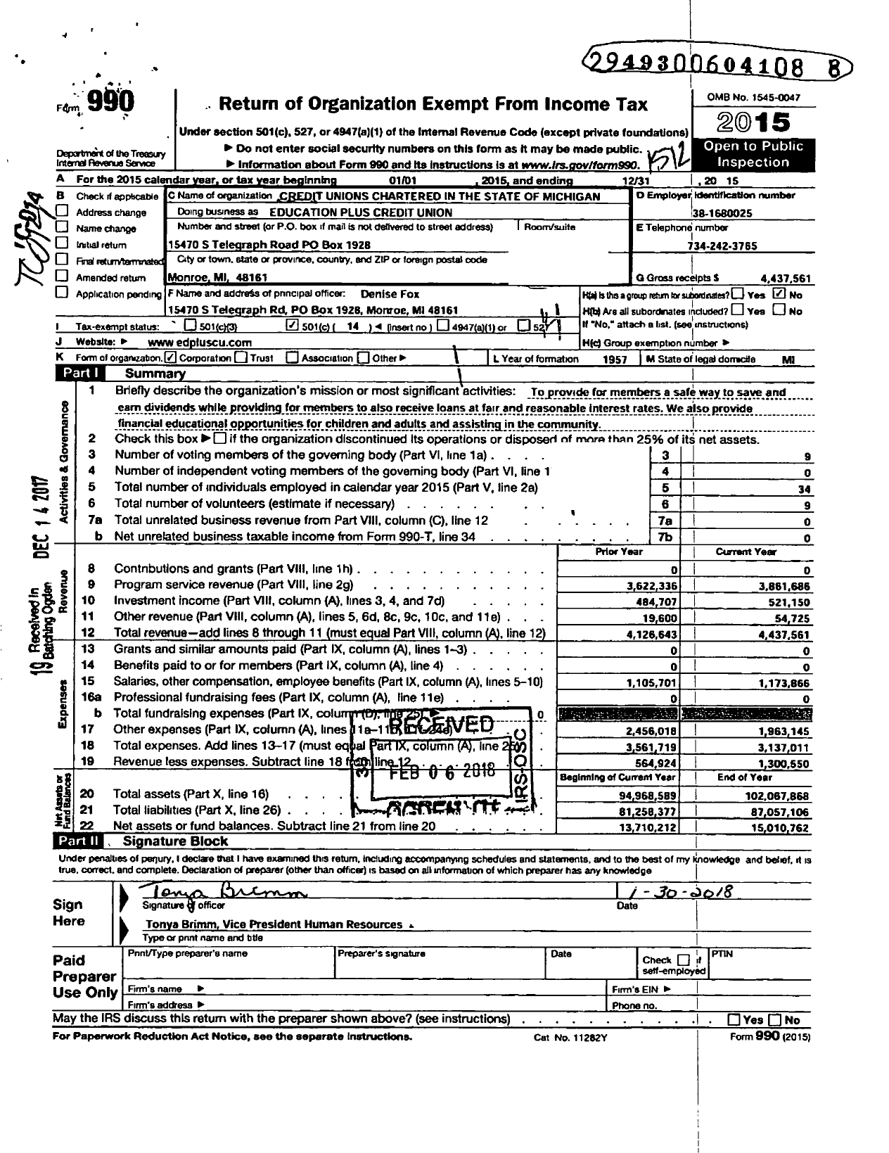 Image of first page of 2015 Form 990R for Credit Unions Chartered in the