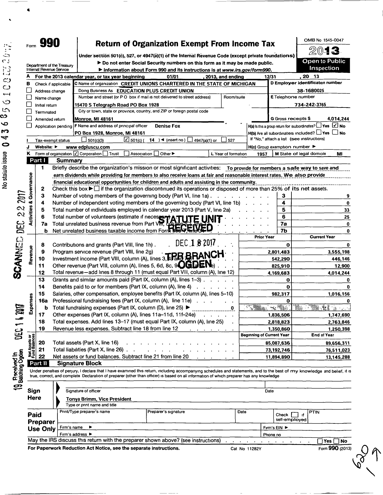 Image of first page of 2013 Form 990OA for Credit Unions Chartered in the