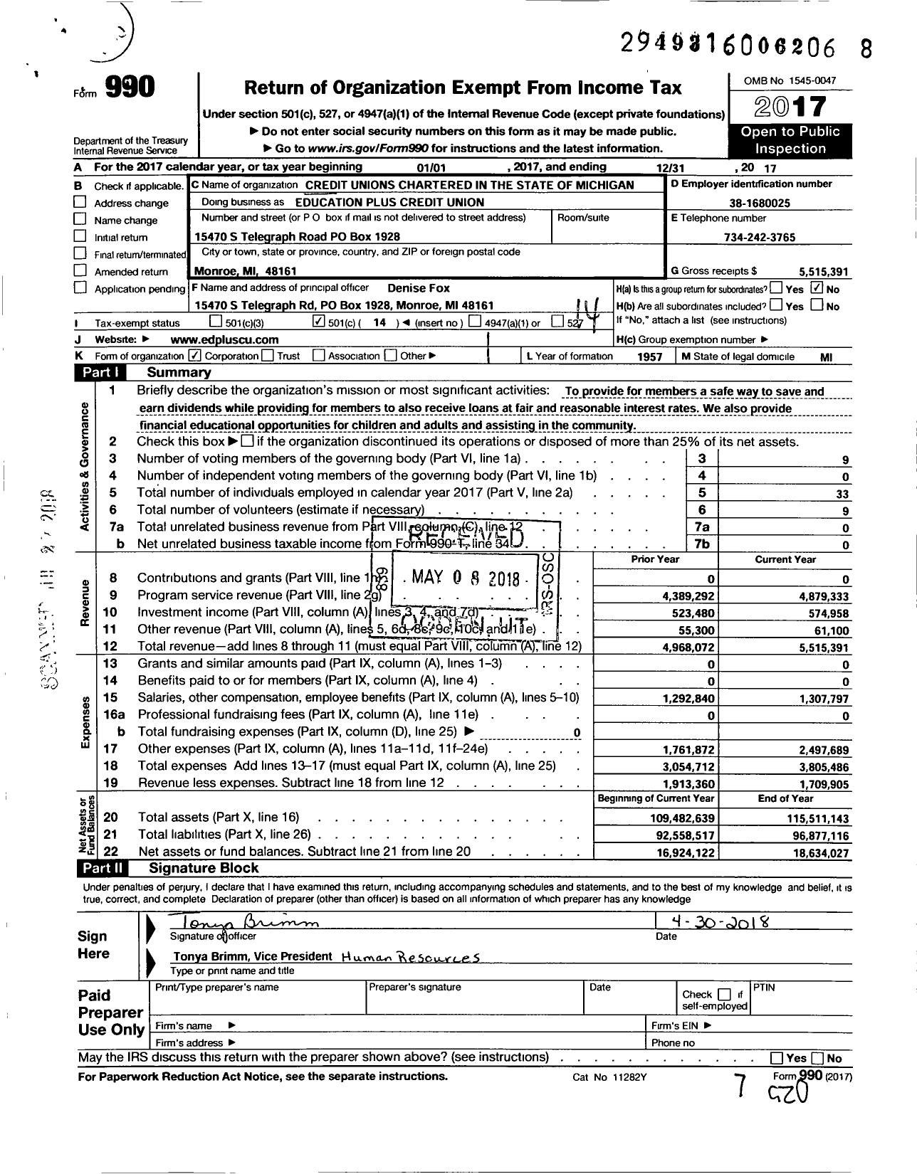 Image of first page of 2017 Form 990O for Credit Unions Chartered in the