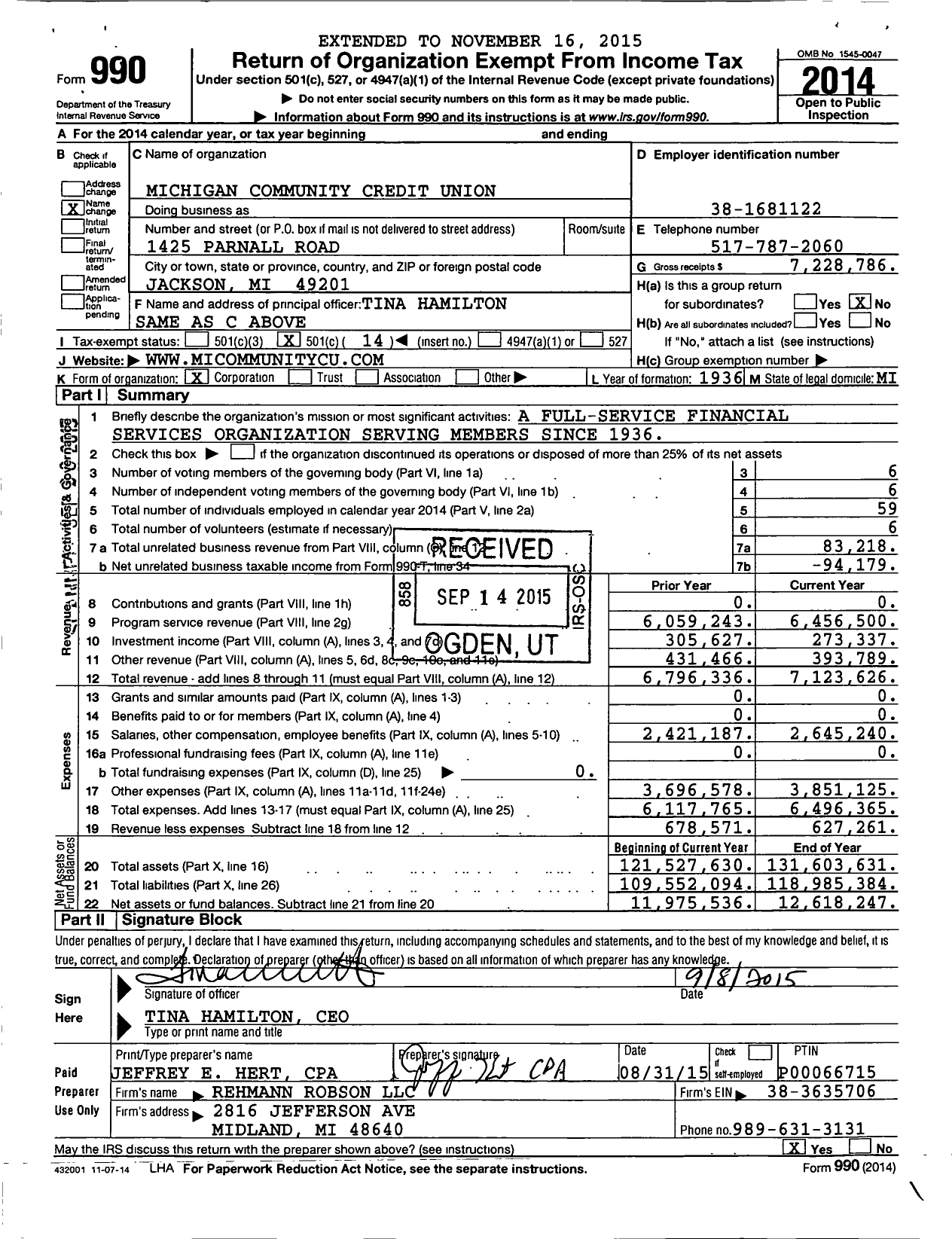 Image of first page of 2014 Form 990O for Credit Unions Chartered in the State of Michigan - 110 Michigan Community Credit Union