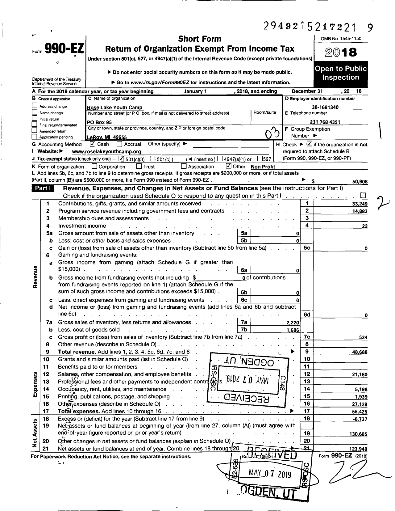 Image of first page of 2018 Form 990EZ for Rose Lake Youth Camp