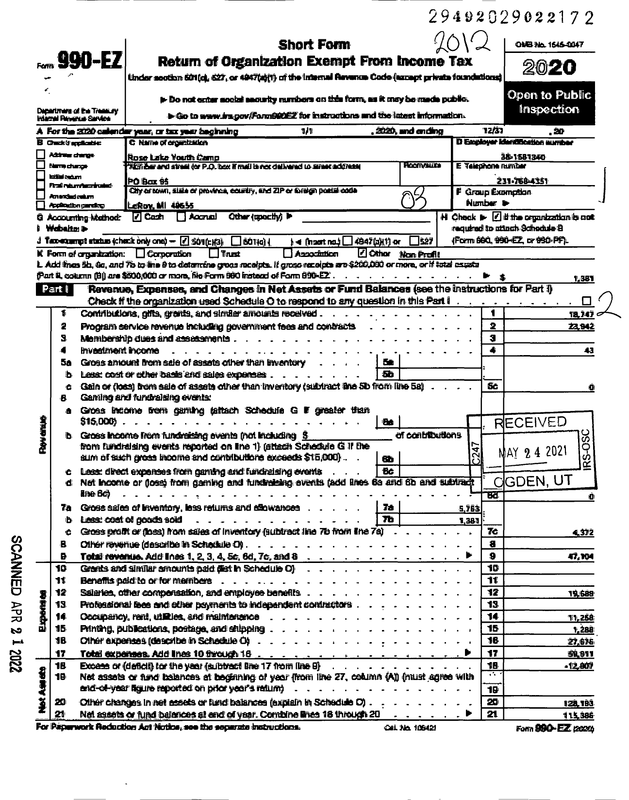 Image of first page of 2020 Form 990EZ for Rose Lake Youth Camp