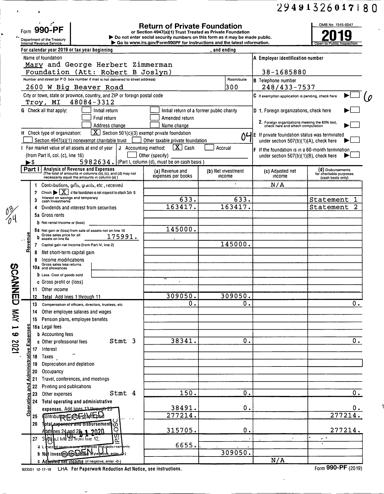 Image of first page of 2019 Form 990PF for Mary and George Herbert Zimmerman Foundation