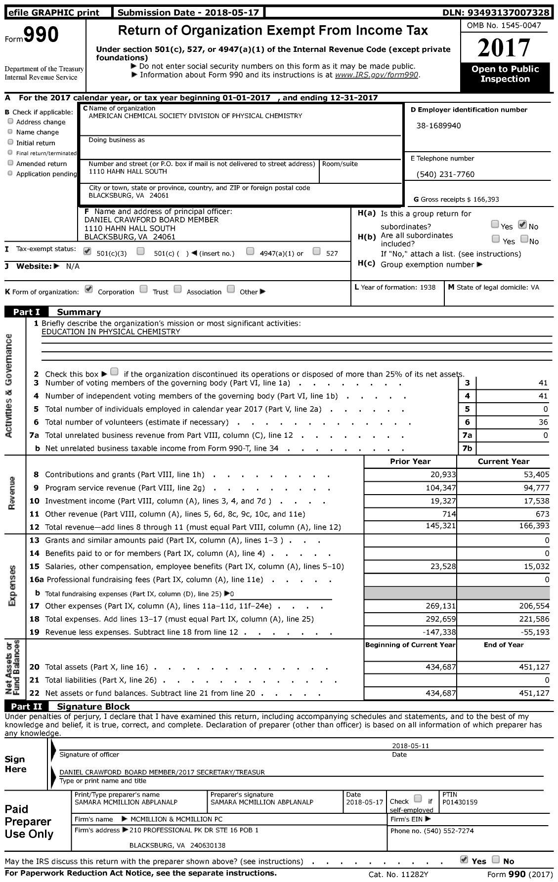 Image of first page of 2017 Form 990 for American Chemical Society - Physical Chemistry Division