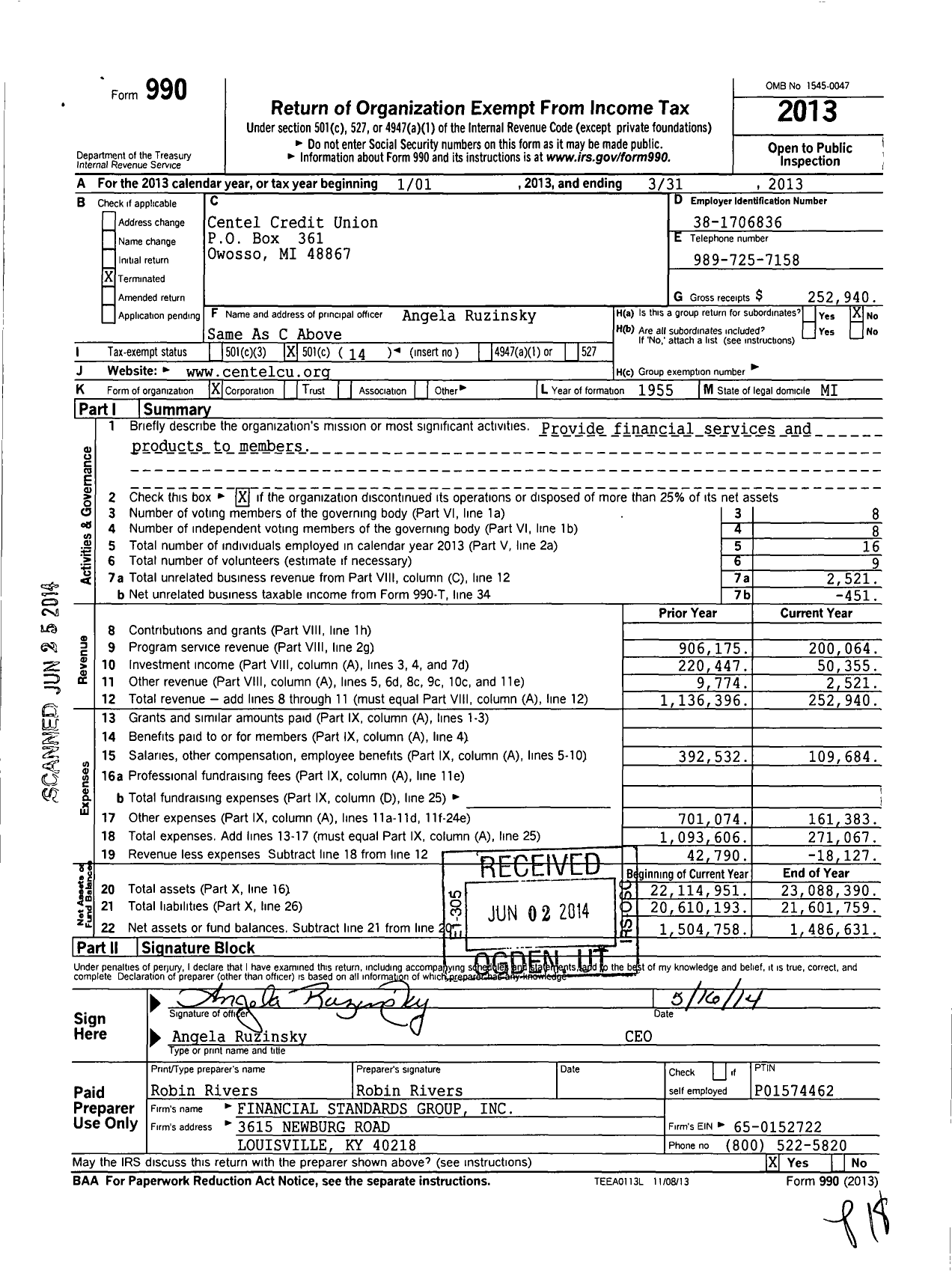 Image of first page of 2012 Form 990O for Credit Unions Chartered in the State of Michigan - 514 Centel Credit Union
