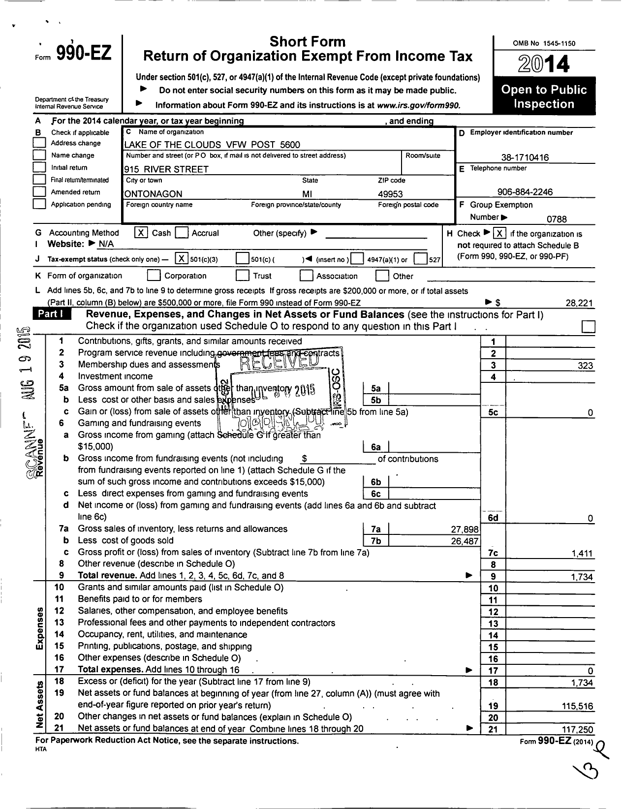 Image of first page of 2014 Form 990EZ for VFW Department of Michigan - Dist 15 5600 Lake of the Clouds