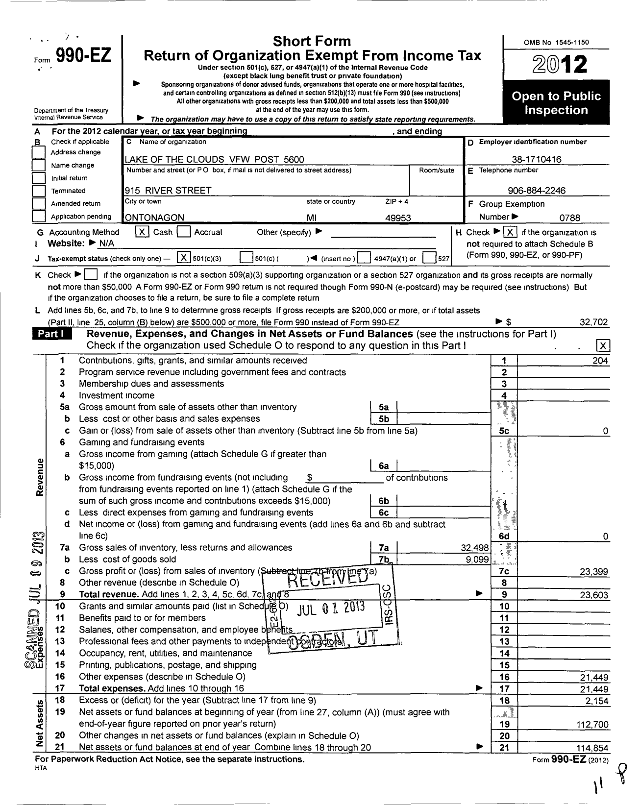 Image of first page of 2012 Form 990EZ for VFW Department of Michigan - Dist 15 5600 Lake of the Clouds