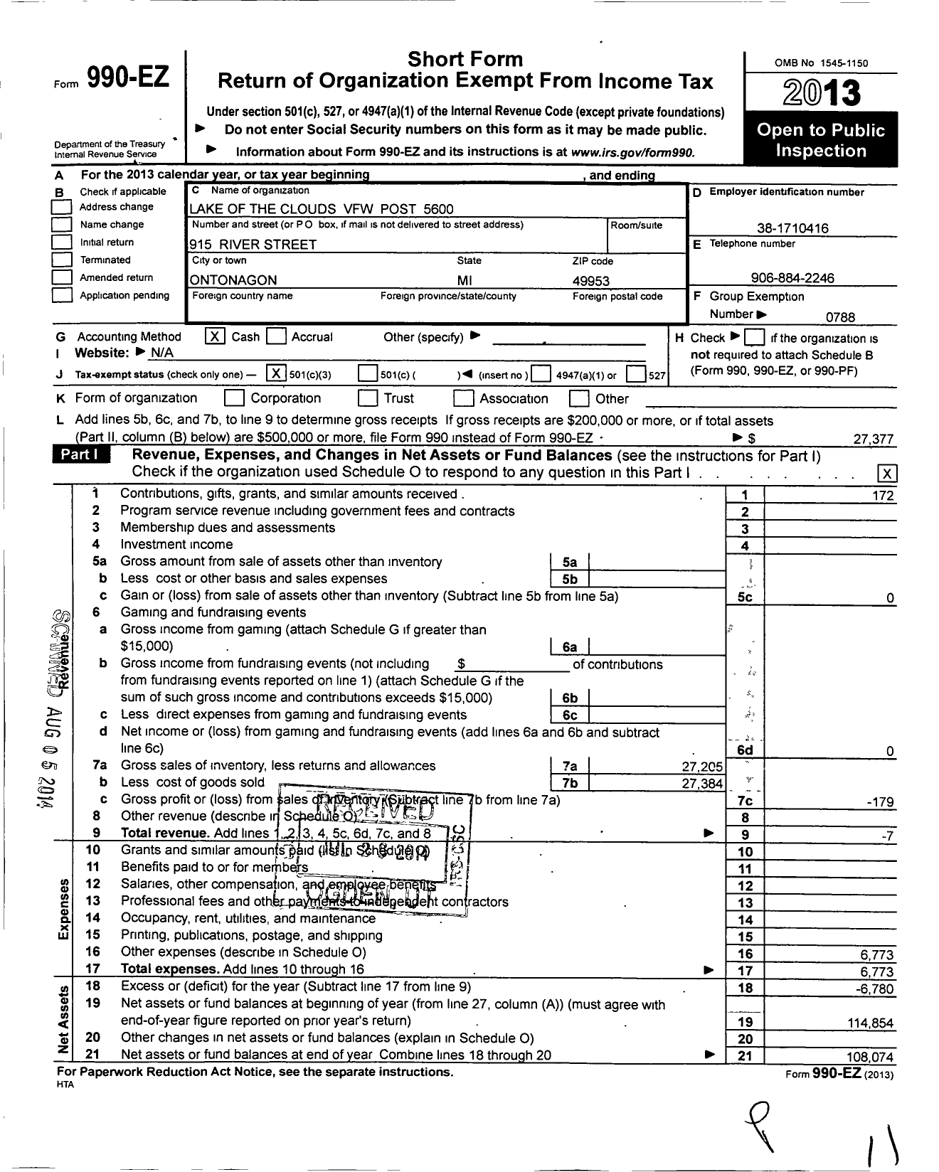 Image of first page of 2013 Form 990EZ for VFW Department of Michigan - Dist 15 5600 Lake of the Clouds