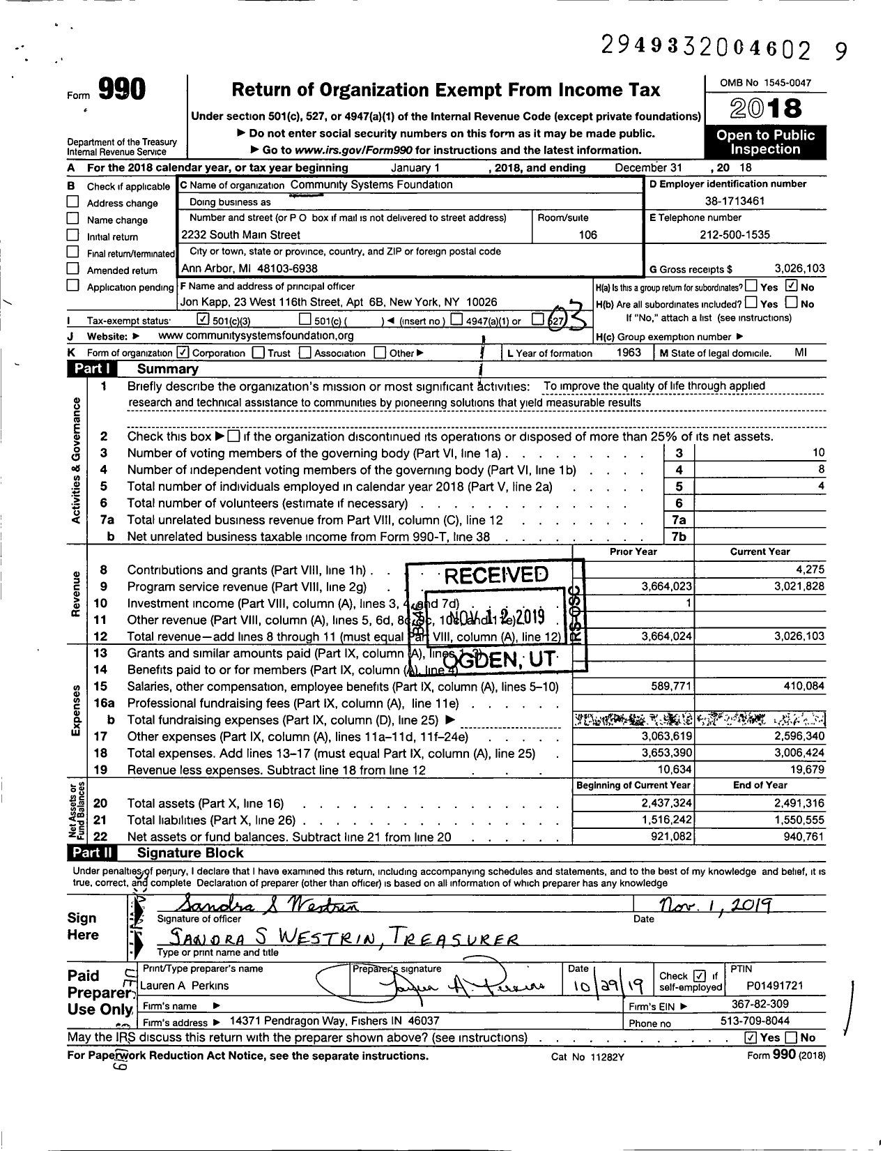 Image of first page of 2018 Form 990 for Community Systems Foundation