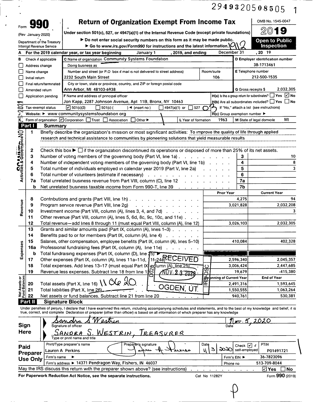 Image of first page of 2019 Form 990 for Community Systems Foundation