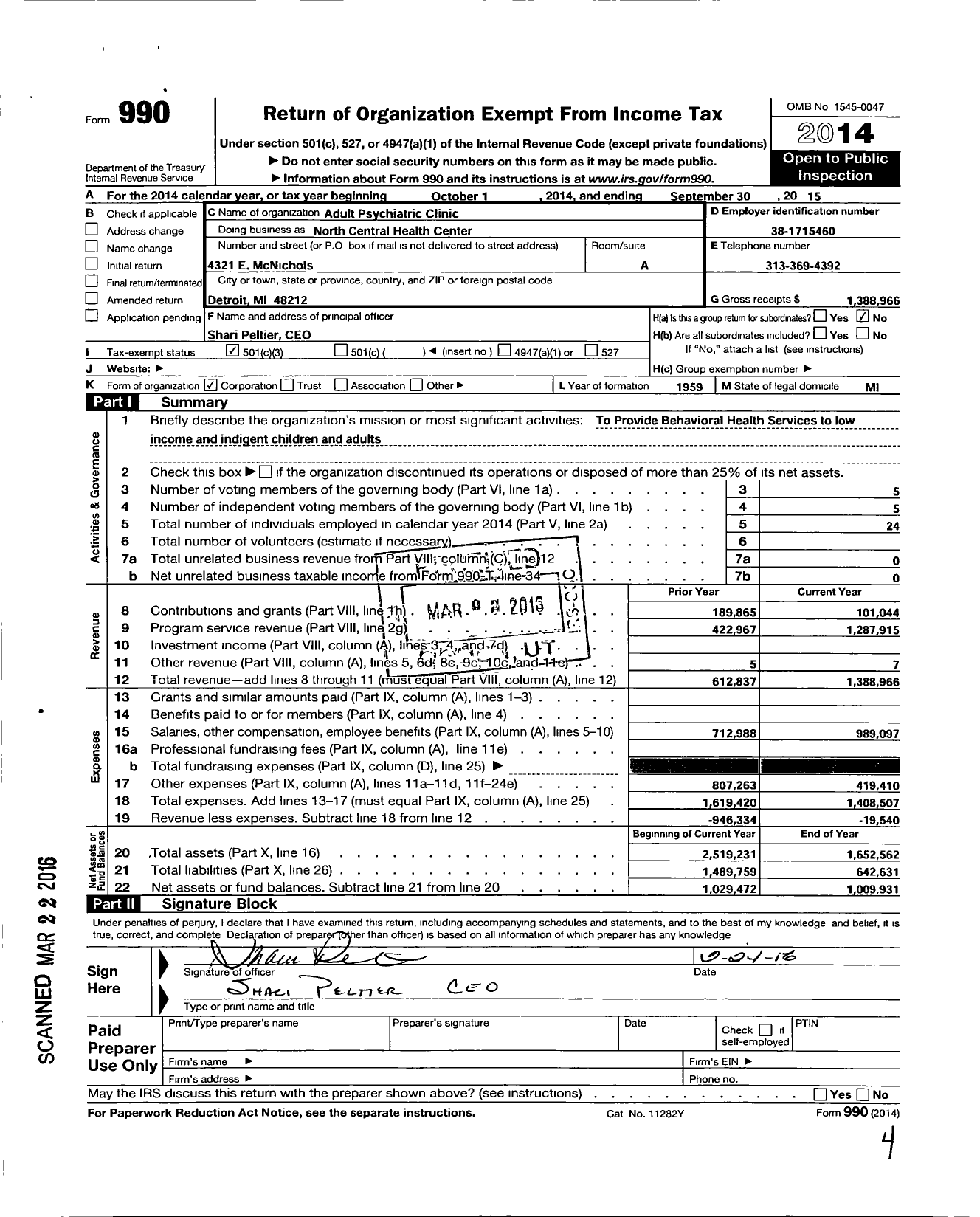 Image of first page of 2014 Form 990 for Adult Psychiatric Clinic