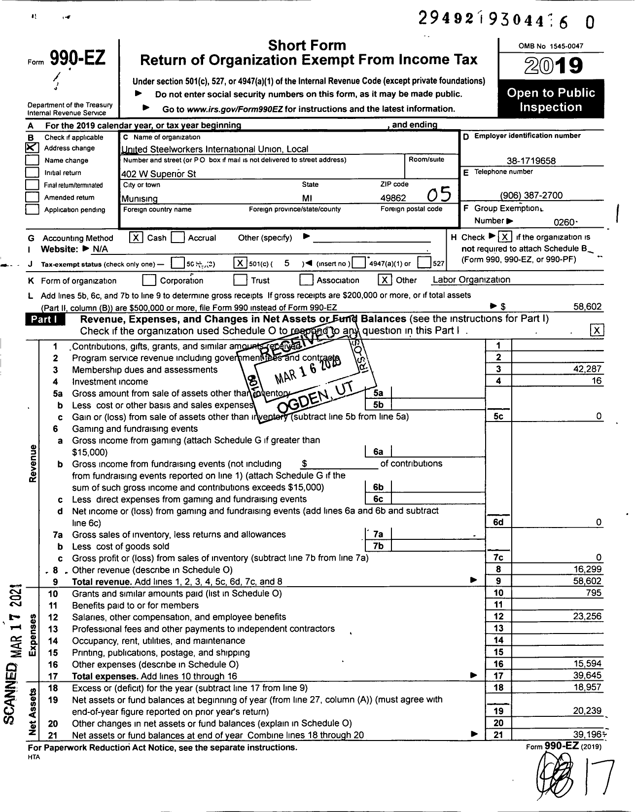 Image of first page of 2019 Form 990EO for United Steelworkers - 2-00087 Local