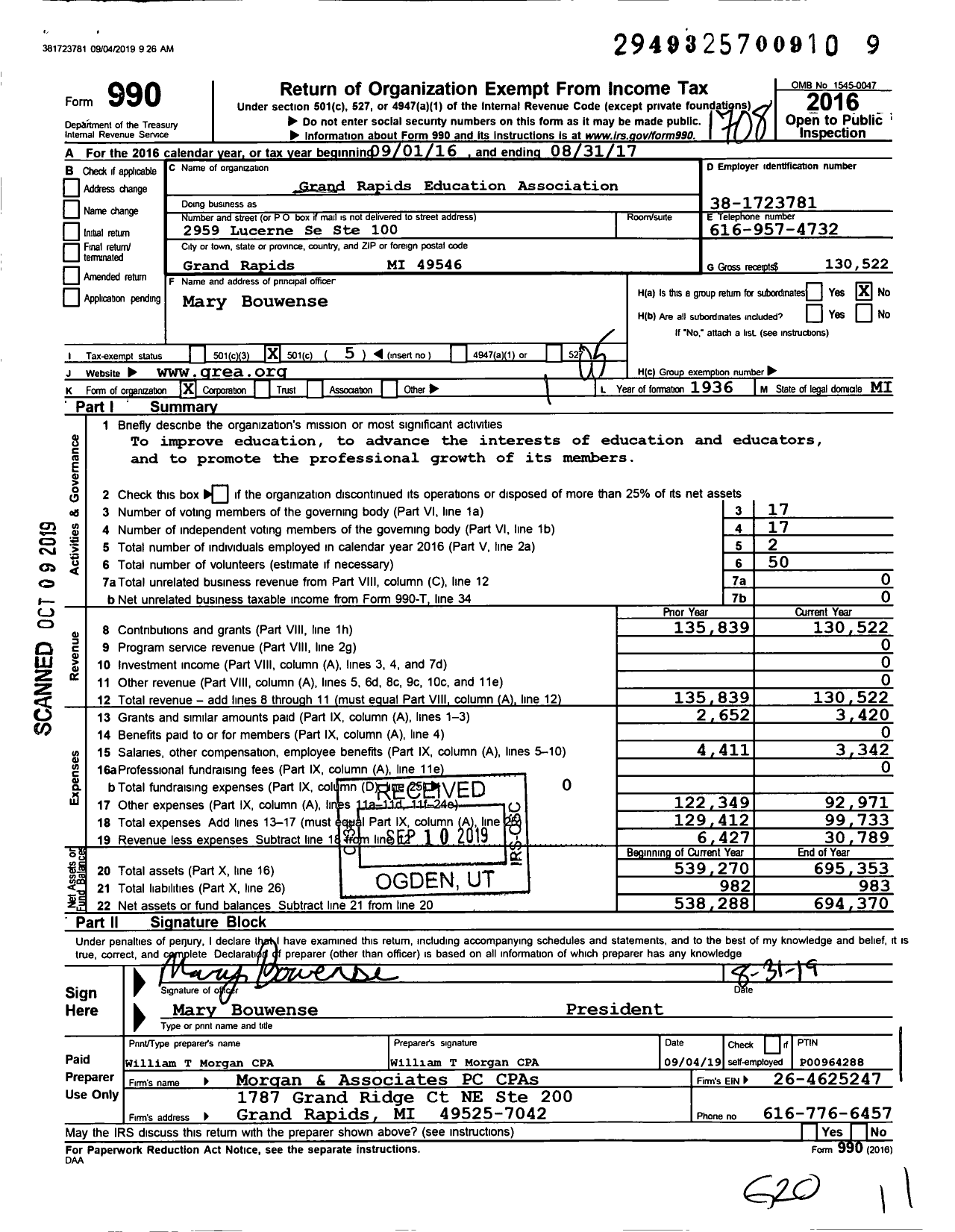 Image of first page of 2016 Form 990O for Grand Rapids Education Association