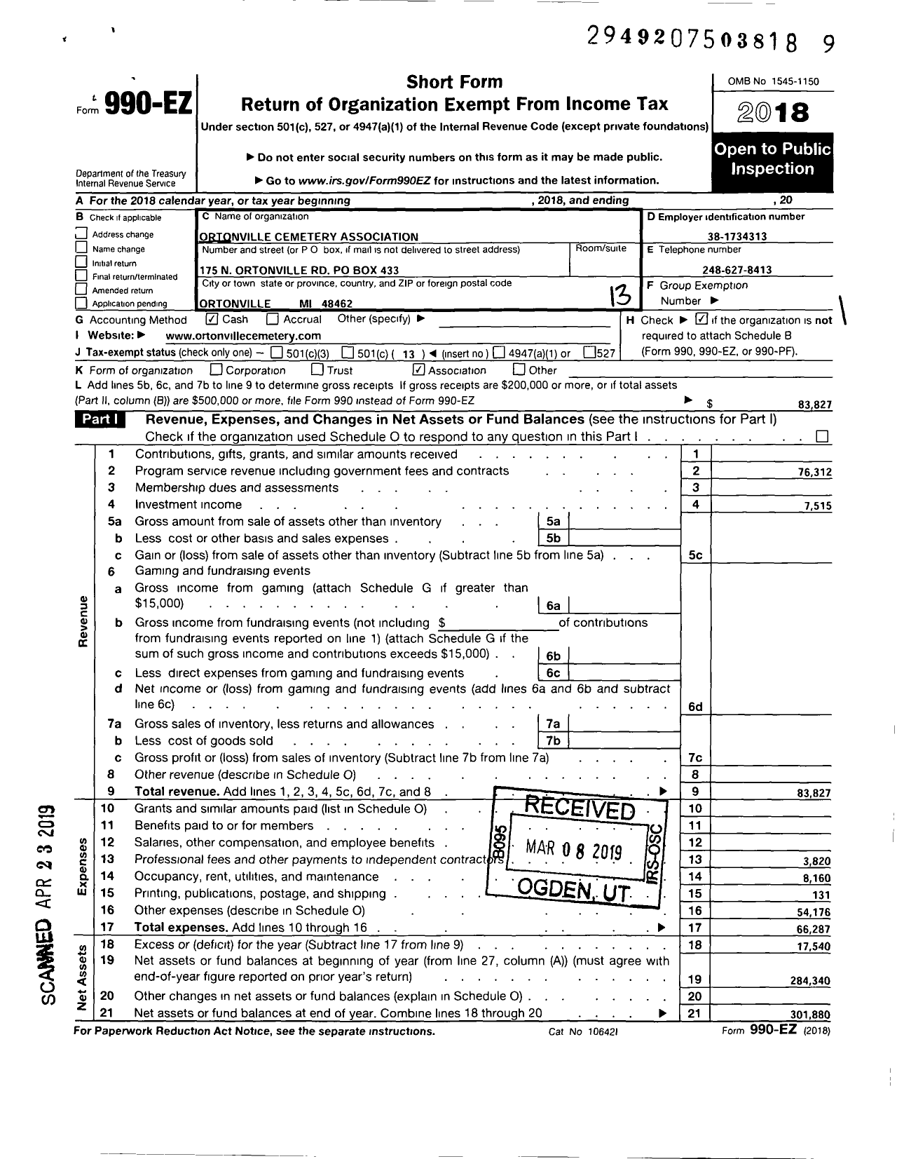 Image of first page of 2018 Form 990EO for Ortonville Cemetery Association