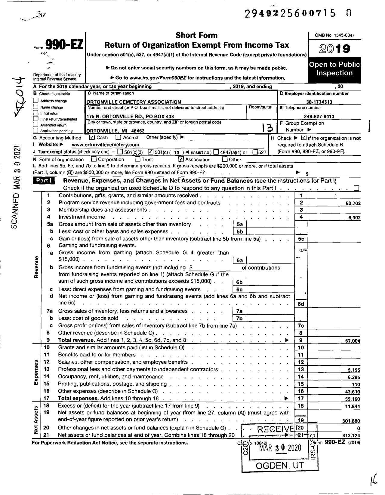 Image of first page of 2019 Form 990EO for Ortonville Cemetery Association