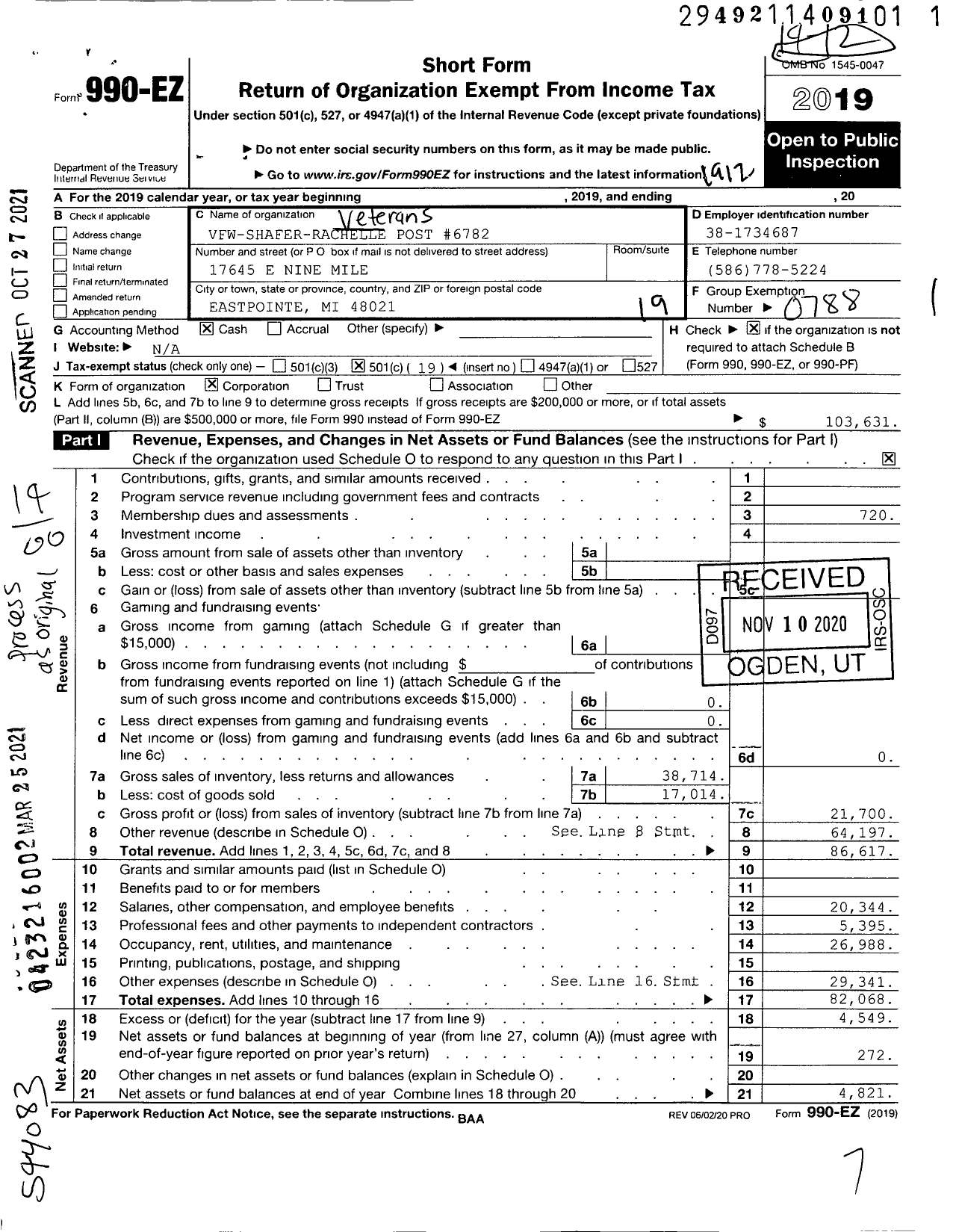 Image of first page of 2019 Form 990EO for VFW Department of Michigan - Dist 5 6782 Shafer-Rachelle