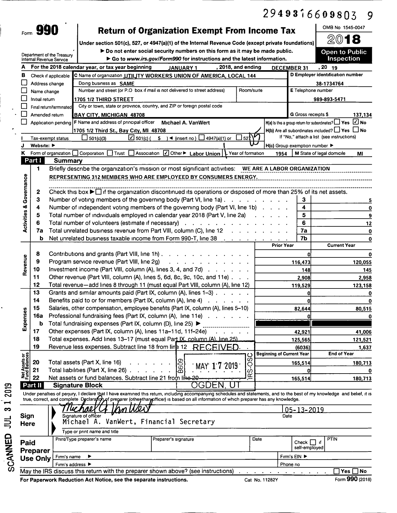 Image of first page of 2019 Form 990O for Utility Workers Union of America - 144 Uwua