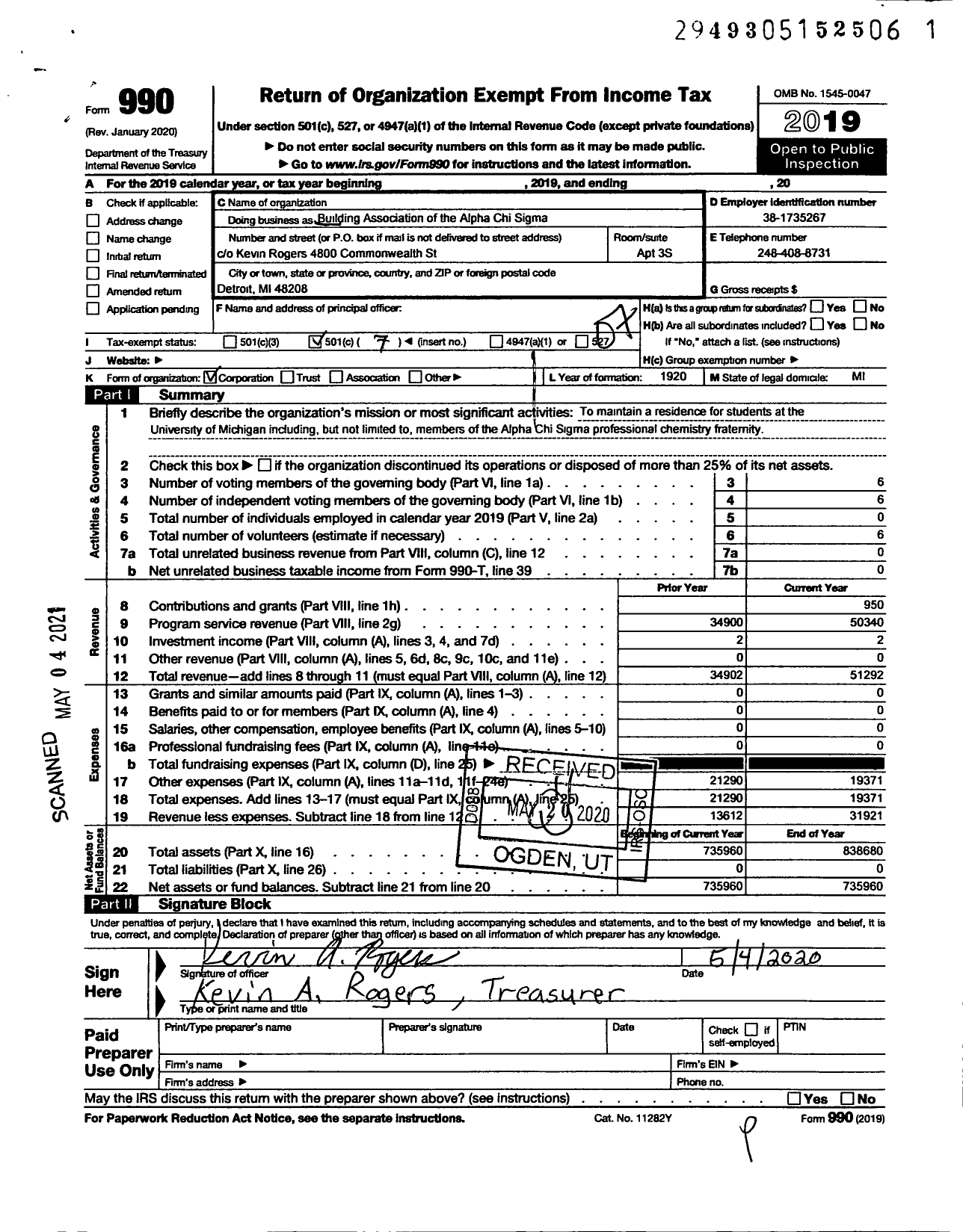 Image of first page of 2019 Form 990O for Building Association of the Alpha Chi Sigma