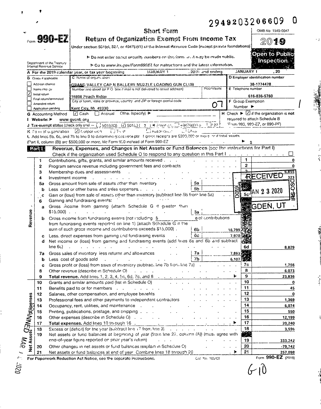 Image of first page of 2019 Form 990EO for Grand Valley Cap N Ballers Muzzle Loading Gun Club