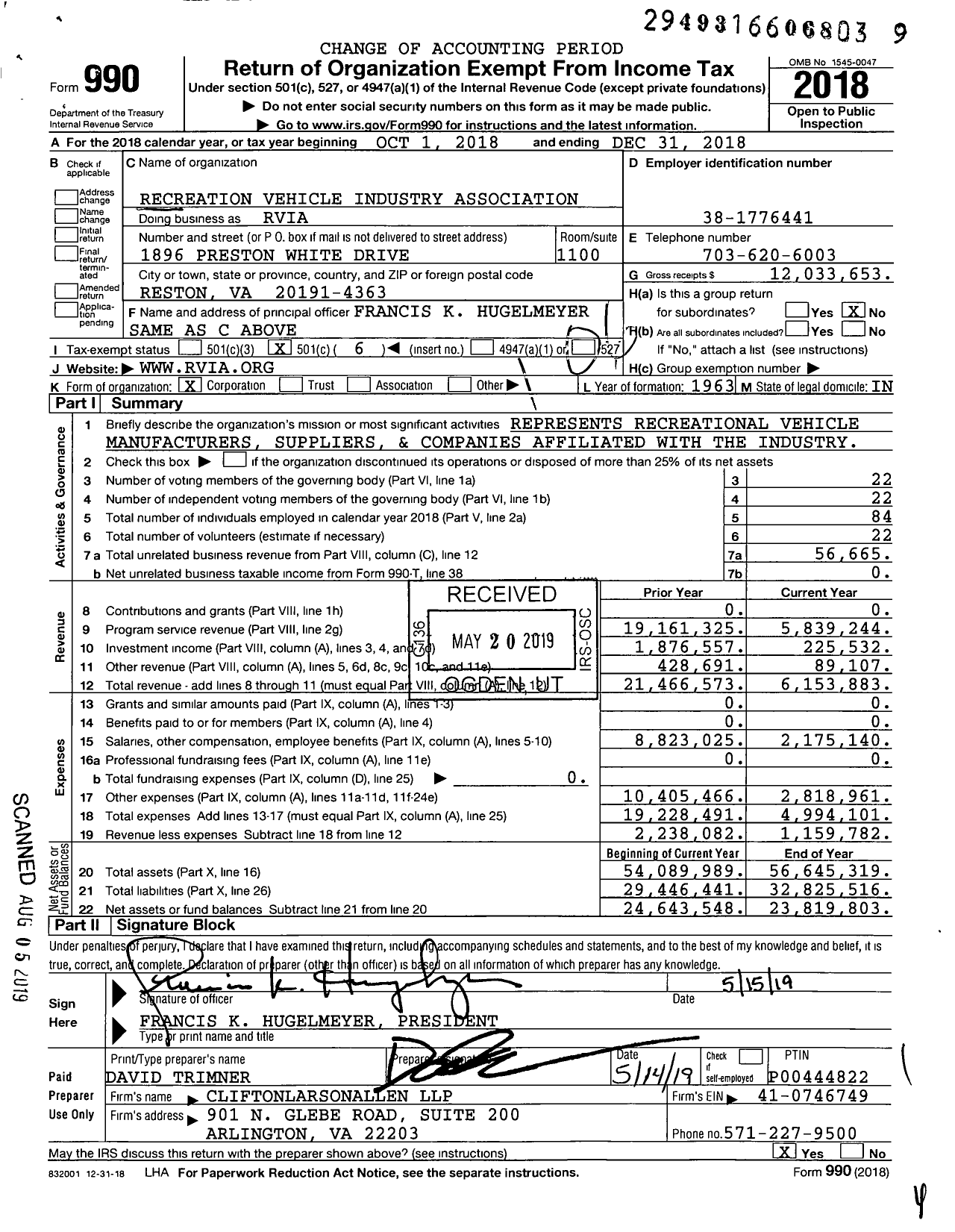 Image of first page of 2018 Form 990O for RV Industry Association (RVIA)