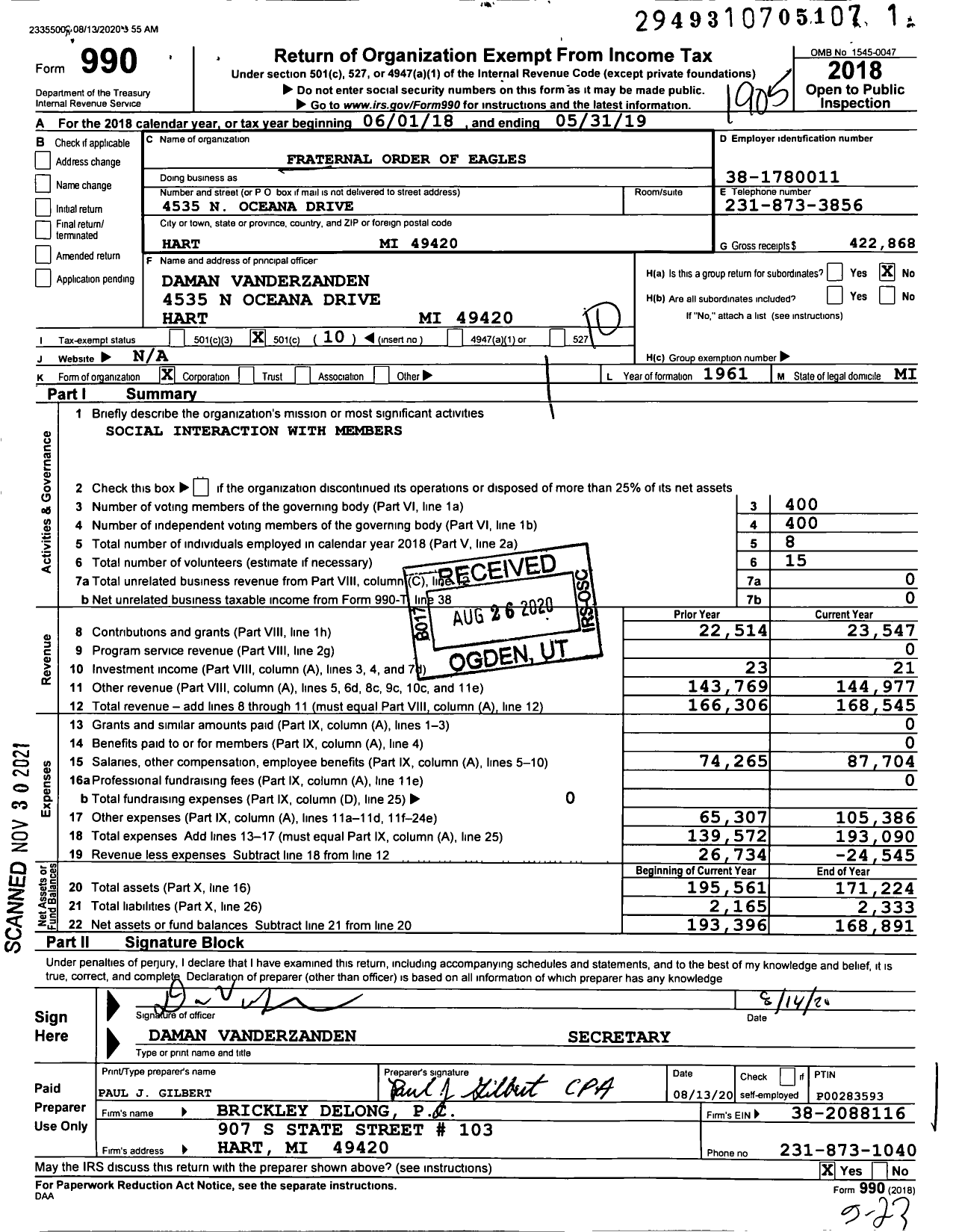 Image of first page of 2018 Form 990O for Fraternal Order of Eagles - 3167 Aerie