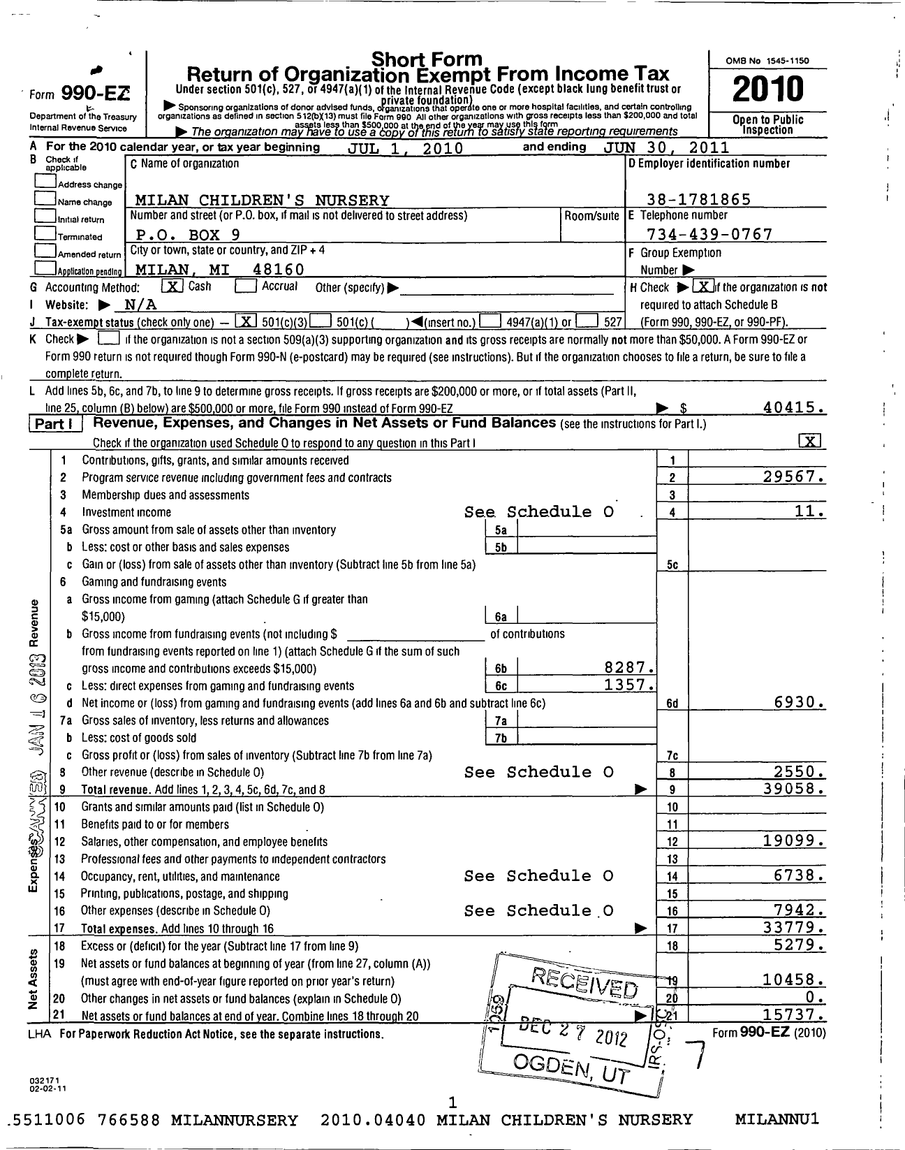 Image of first page of 2010 Form 990EZ for Milan Childrens Nursery