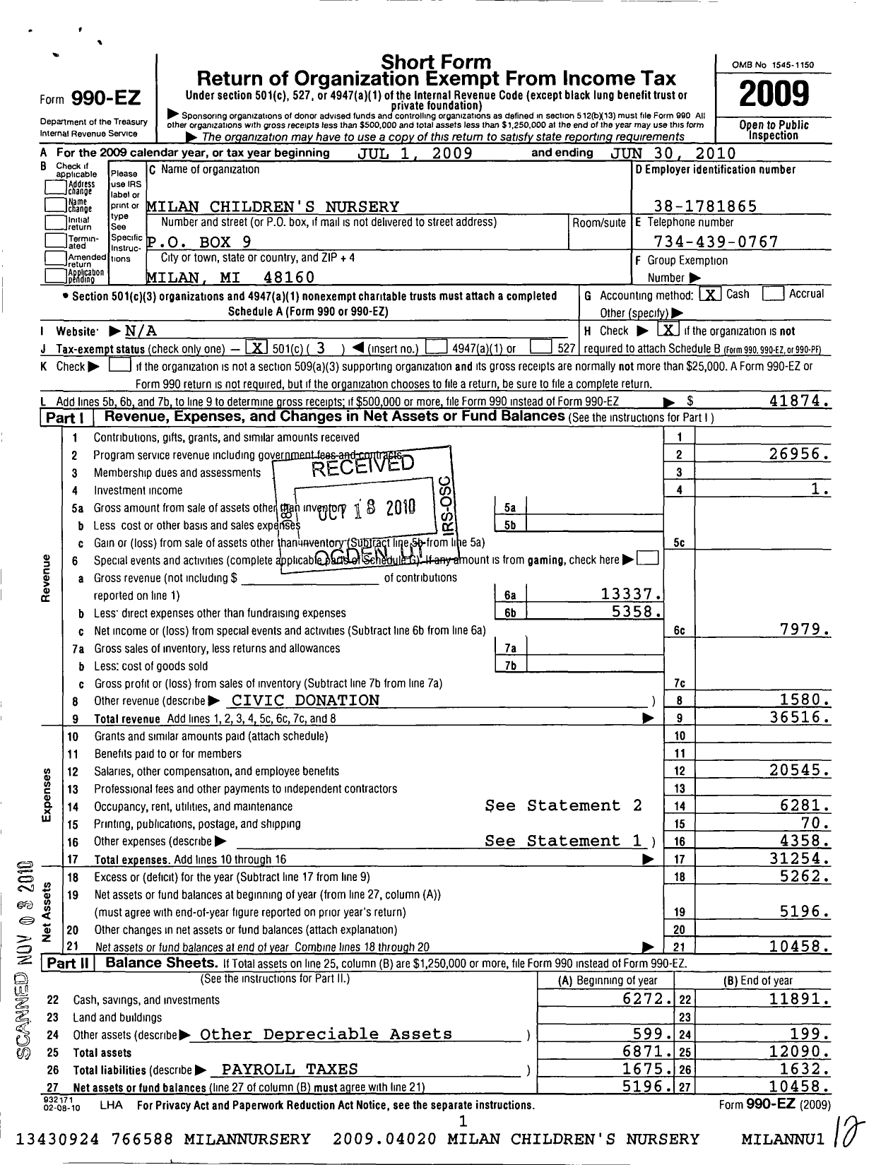 Image of first page of 2009 Form 990EZ for Milan Childrens Nursery