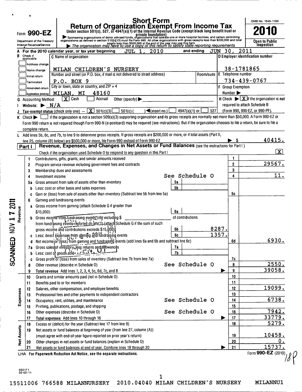 Image of first page of 2010 Form 990EZ for Milan Childrens Nursery