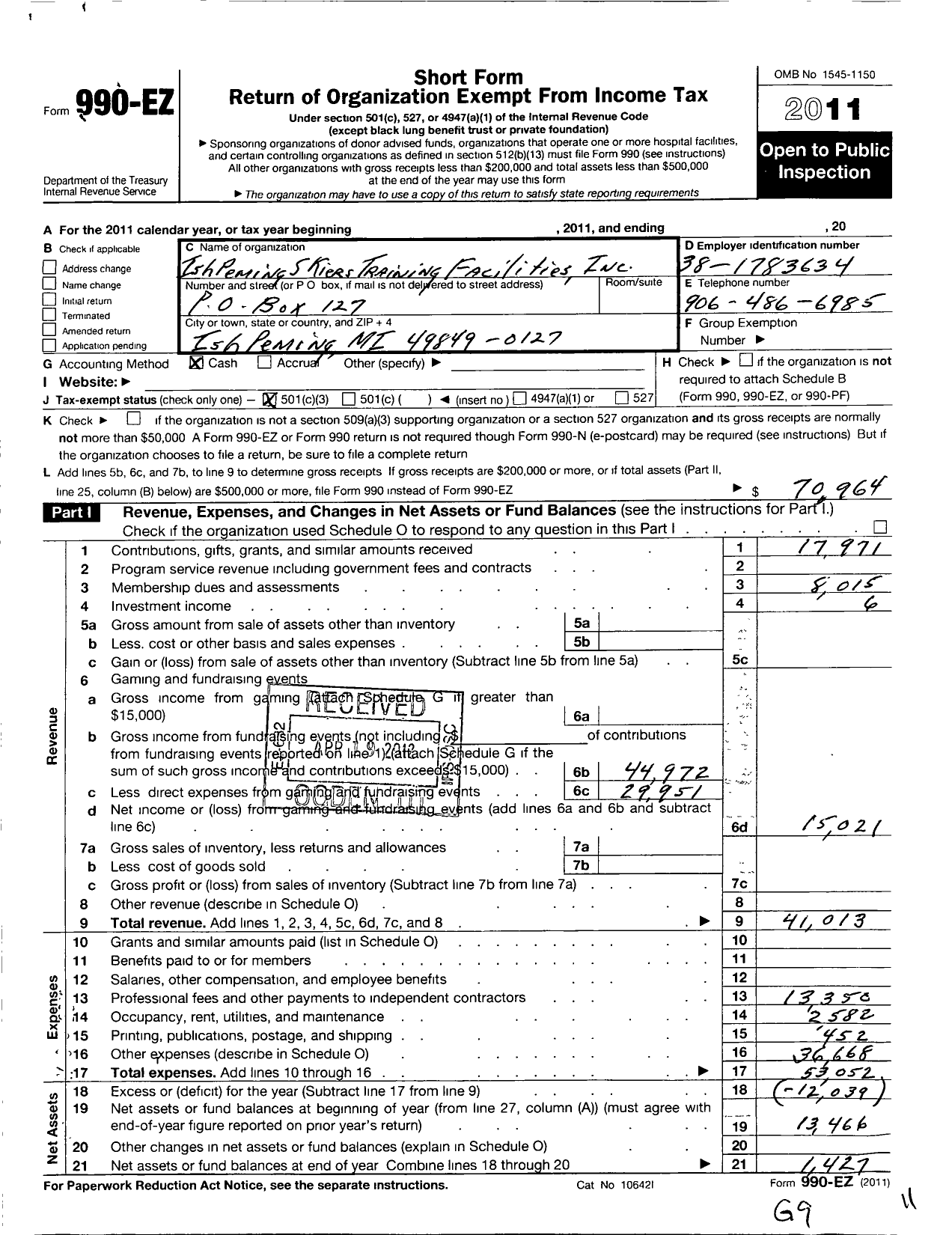 Image of first page of 2011 Form 990EZ for Ishpeming Skiers Training Facilities