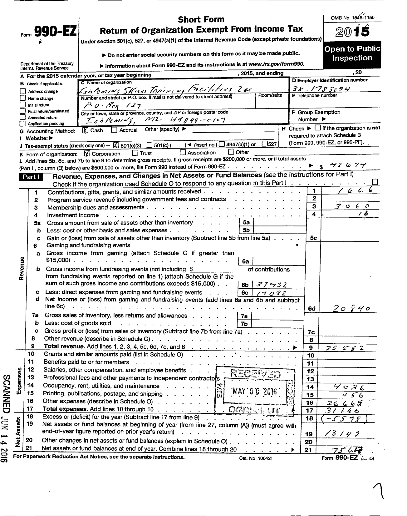 Image of first page of 2015 Form 990EZ for Ishpeming Skiers Training Facilities