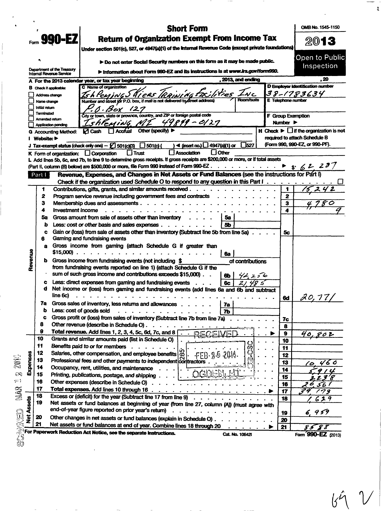 Image of first page of 2013 Form 990EZ for Ishpeming Skiers Training Facilities