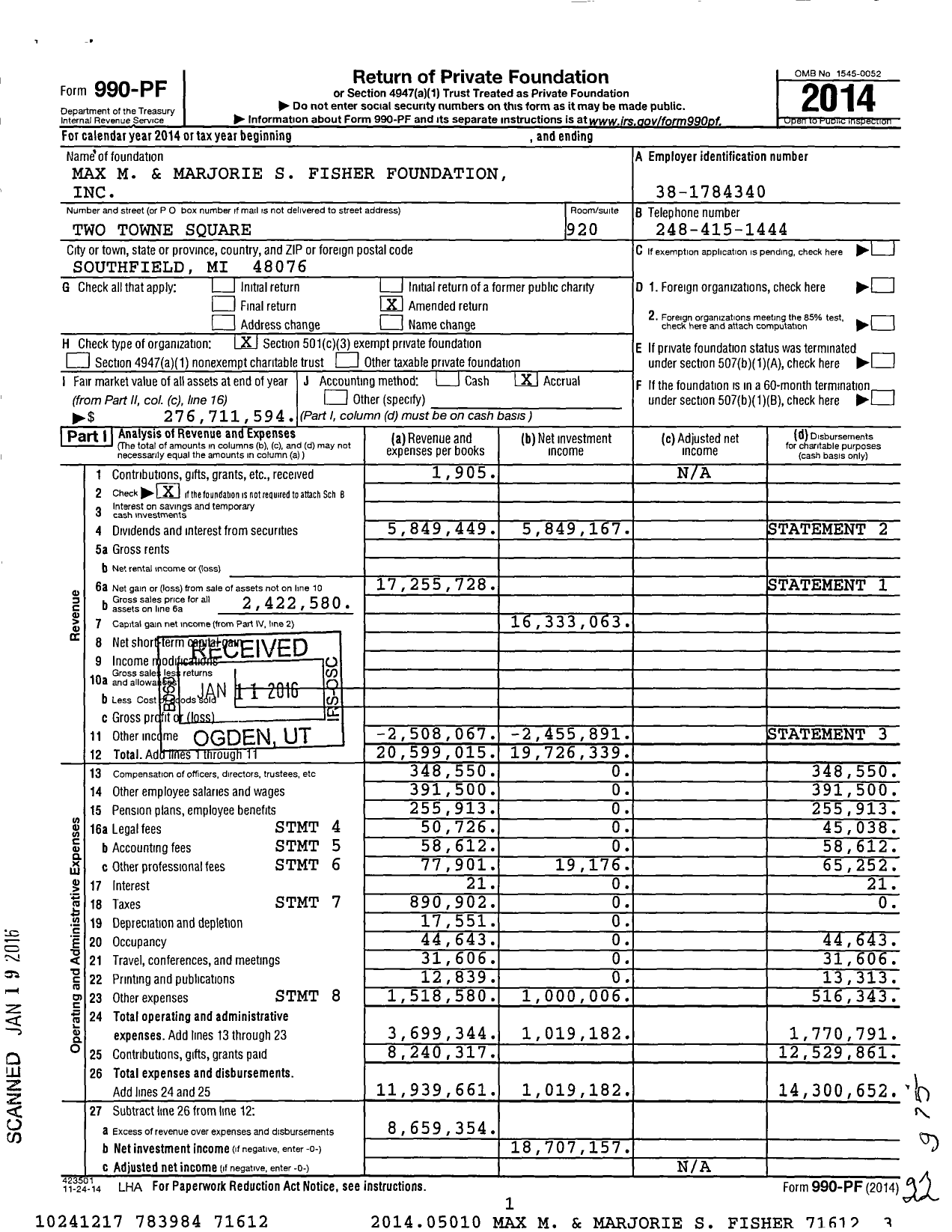 Image of first page of 2014 Form 990PF for Max M. and Marjorie S. Fisher Foundation