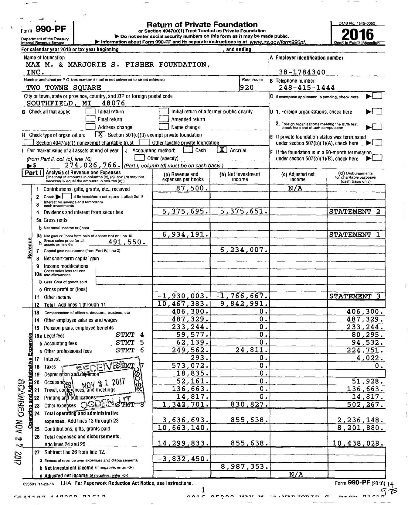 Image of first page of 2016 Form 990PF for Max M. and Marjorie S. Fisher Foundation